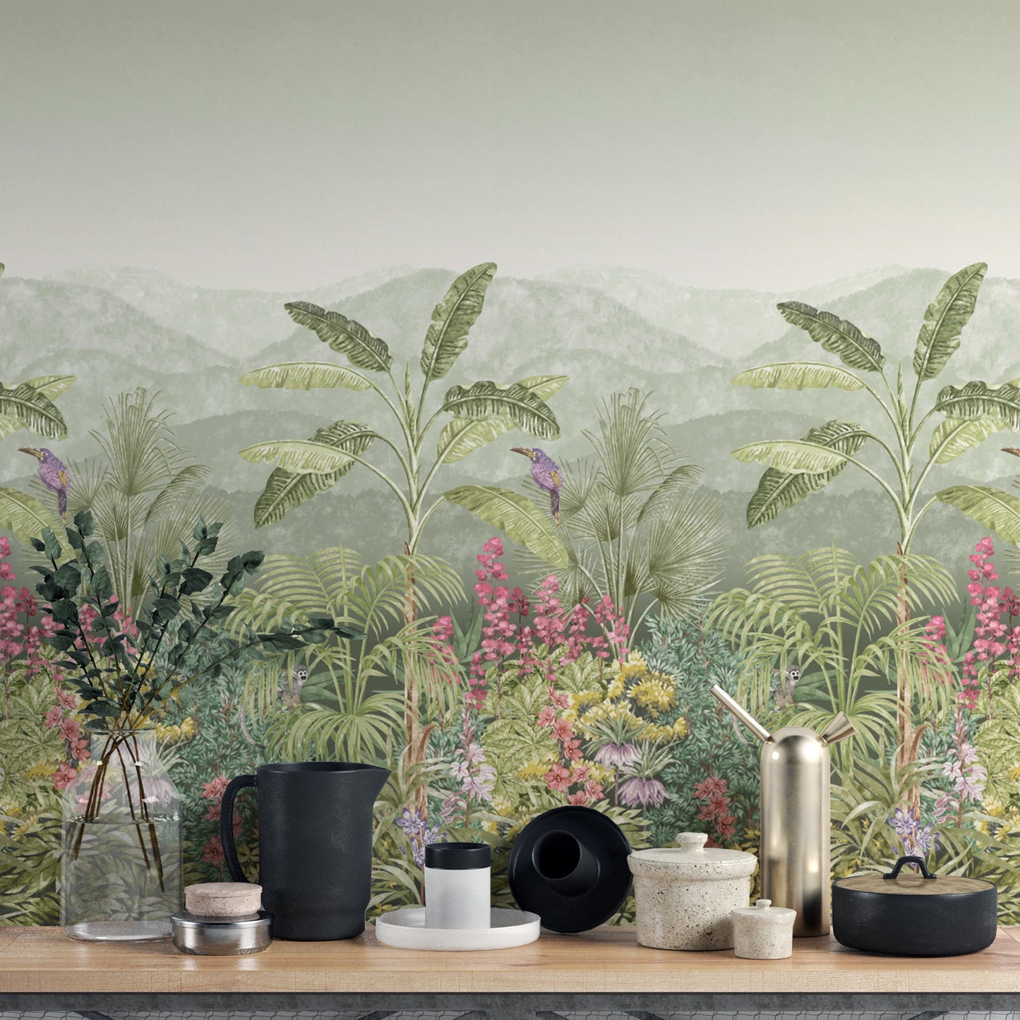 Palm tree wall mural with vibrant tropical plants
