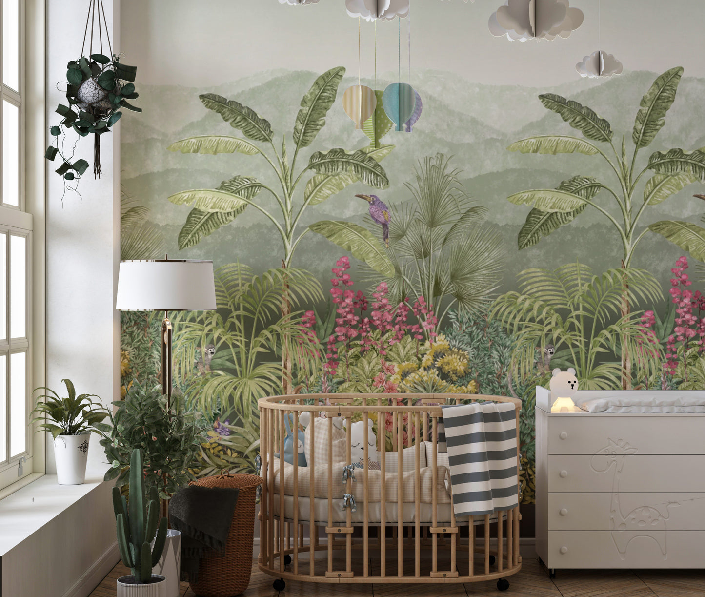 Nature-inspired tropical wallpaper with birds and greenery
