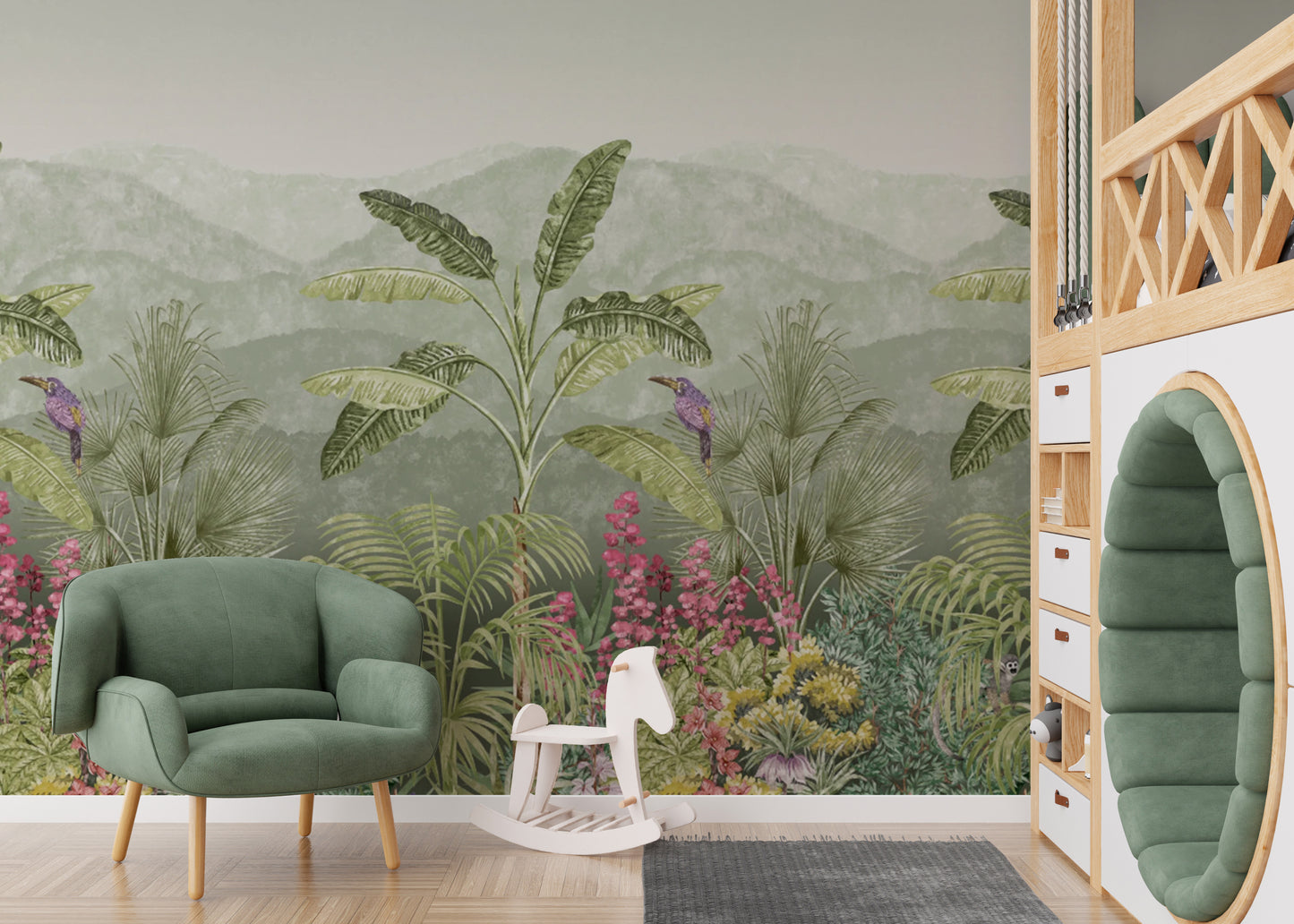 Lush greenery wallpaper featuring exotic flowers and birds
