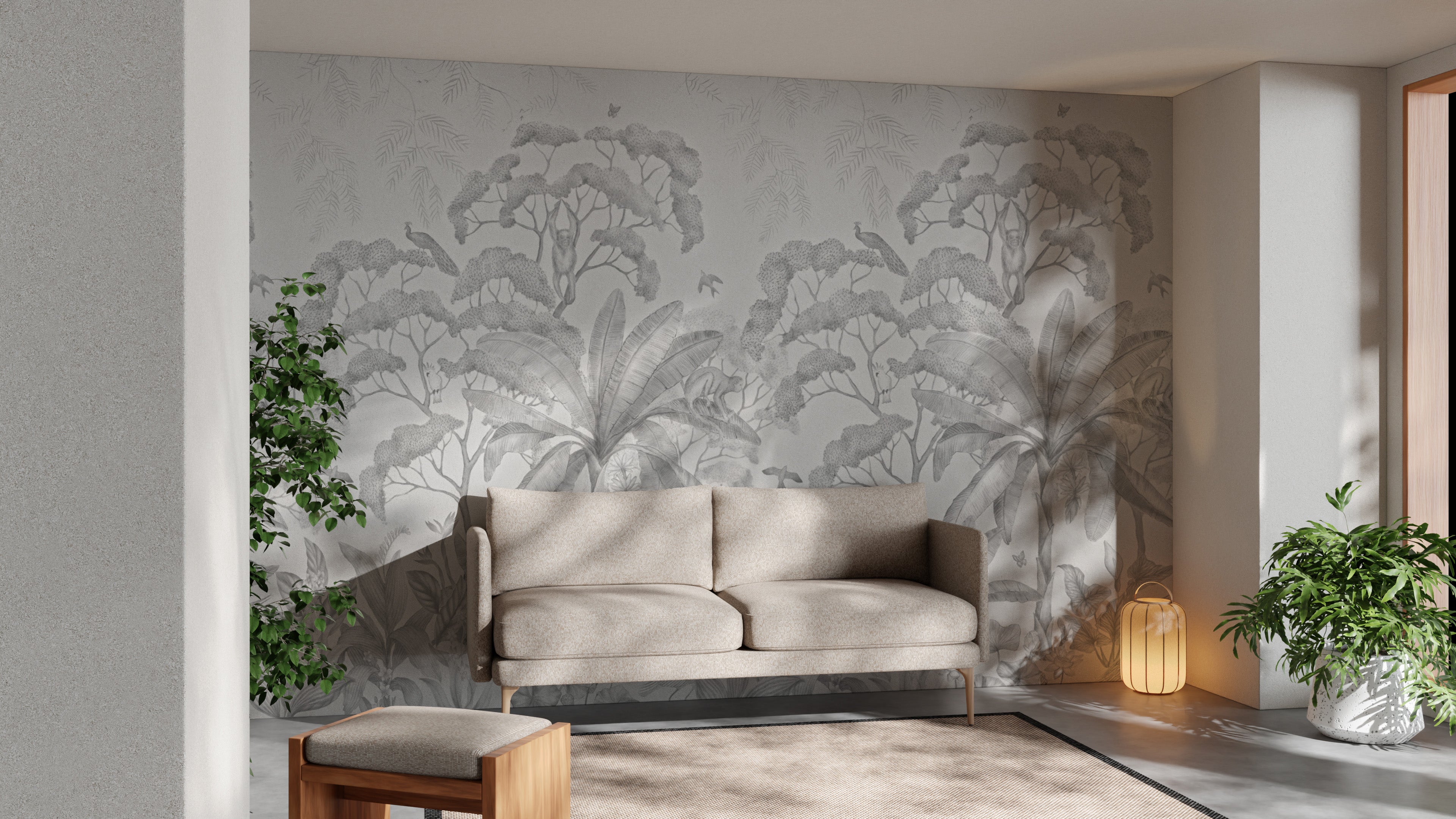 Neutral botanical jungle wall mural
