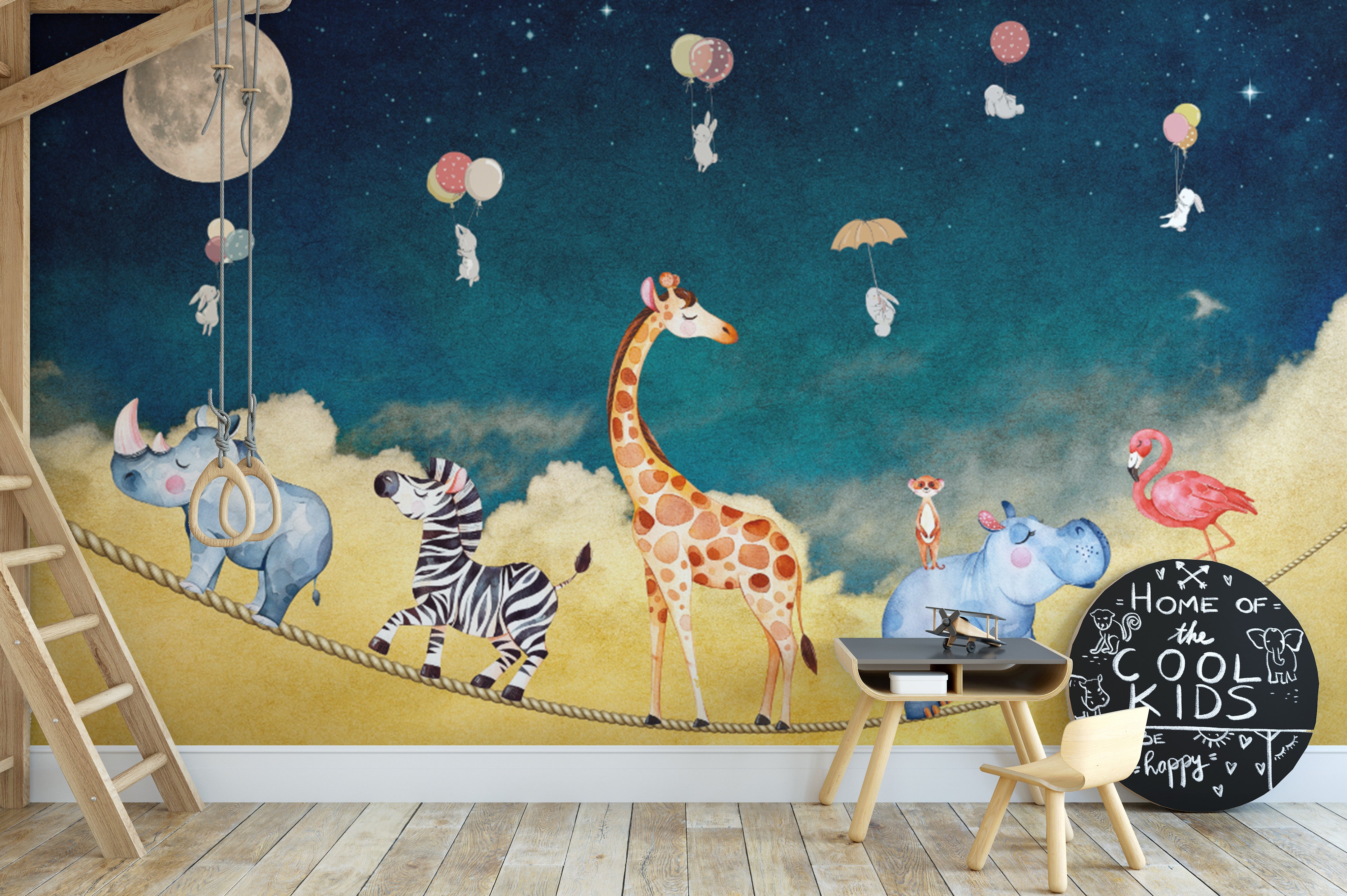 Colorful safari animals nursery wallpaper
