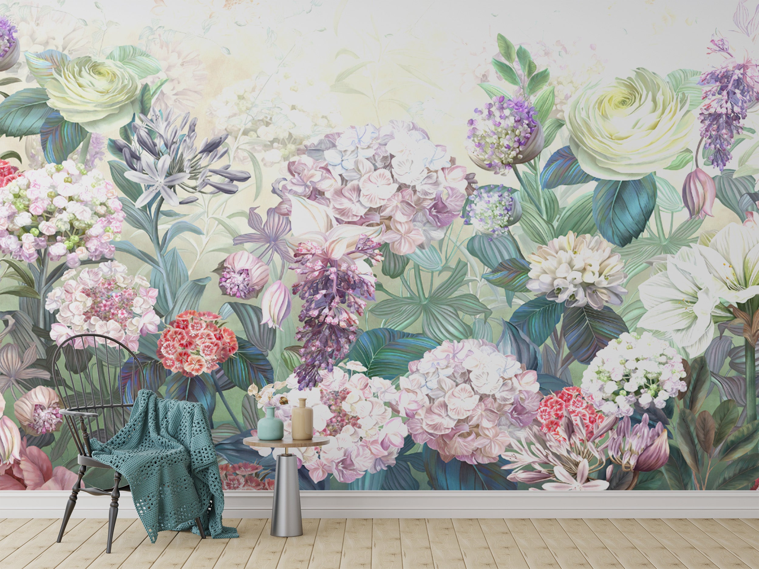 Colorful hydrangea and rose wallpaper
