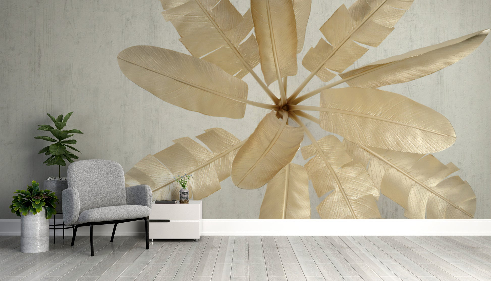 Metallic botanical wallpaper with gold leaves
