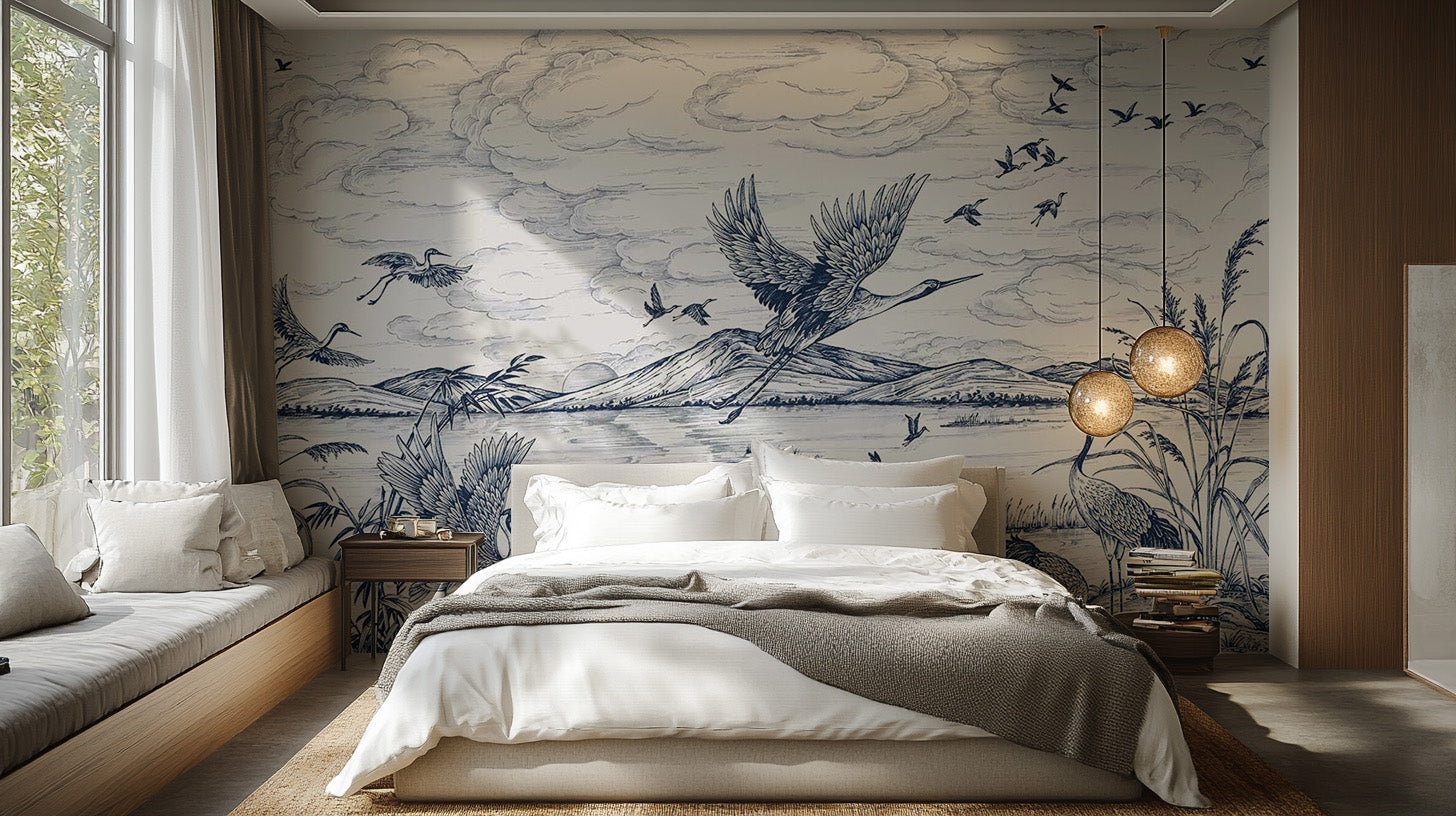 Nature-inspired wallpaper with cranes and mountains
