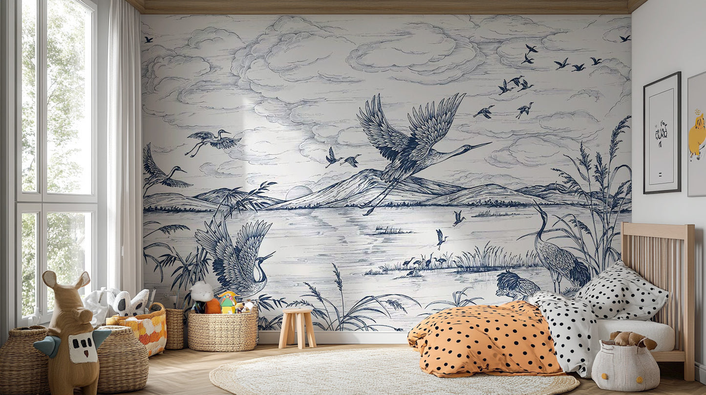 Bird mural wallpaper featuring flying herons
