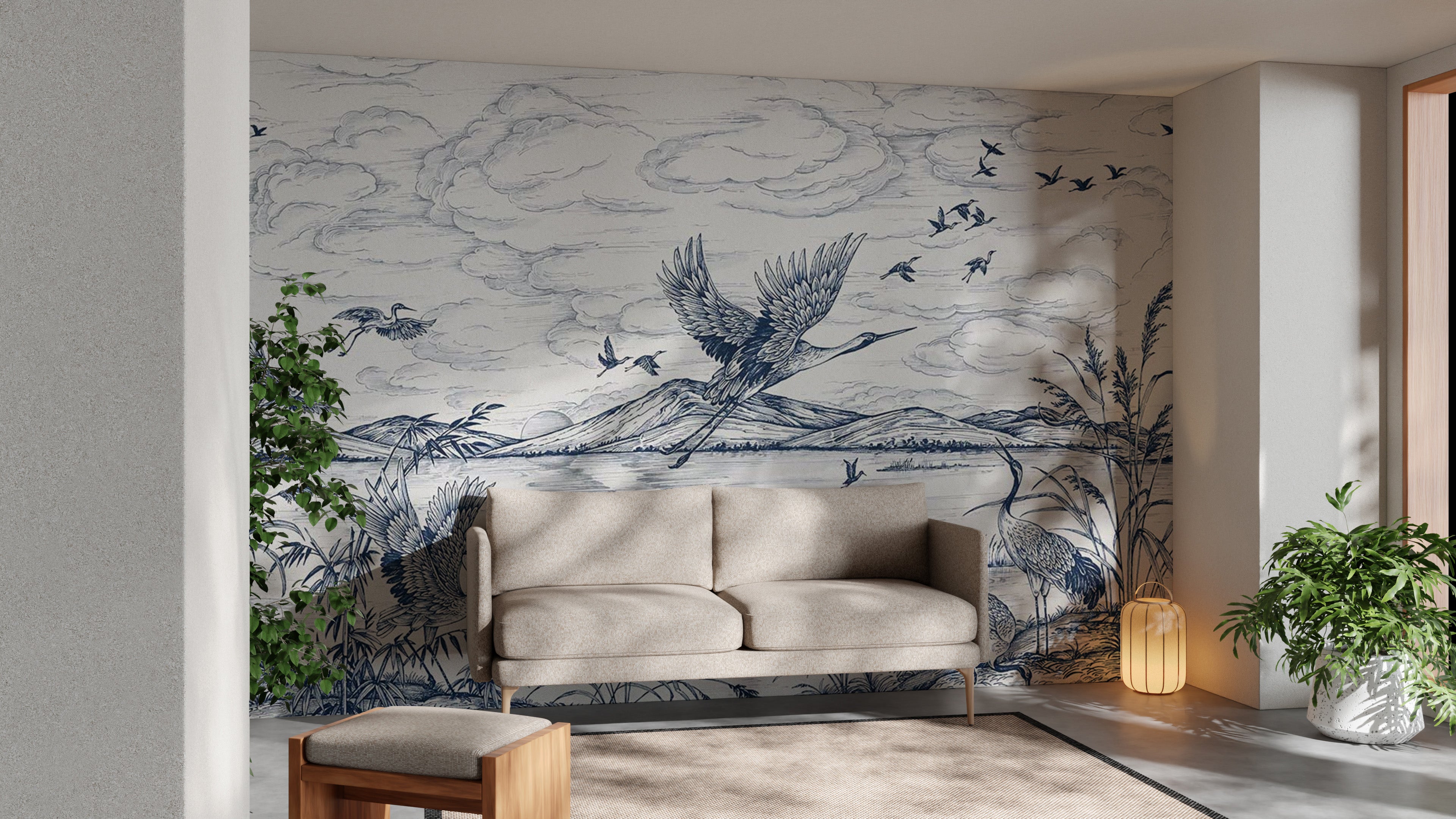 Wildlife wall mural with serene lake scene
