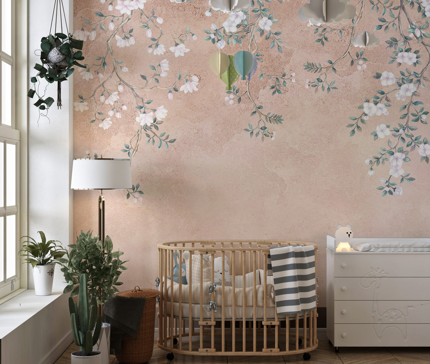 Hand-painted flower branch wallpaper
