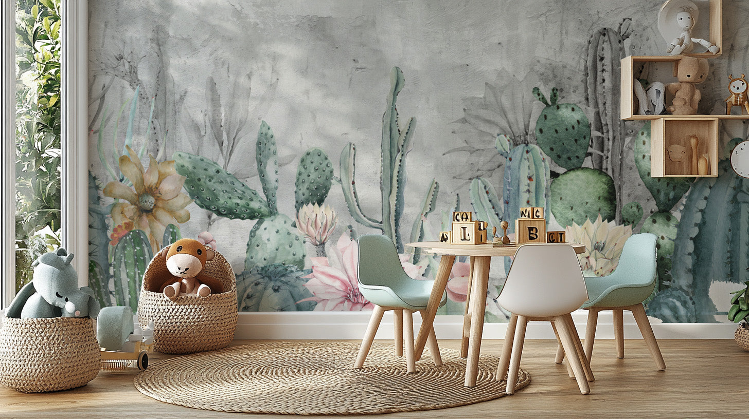 Watercolor cactus wallpaper mural
