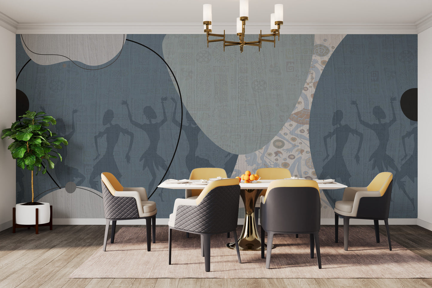 Ethnic-inspired wallpaper with dynamic silhouettes
