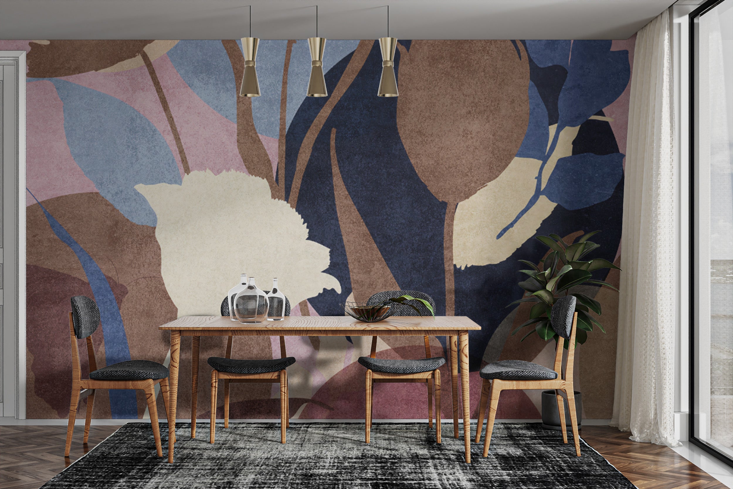 Bold botanical wall mural with floral silhouettes
