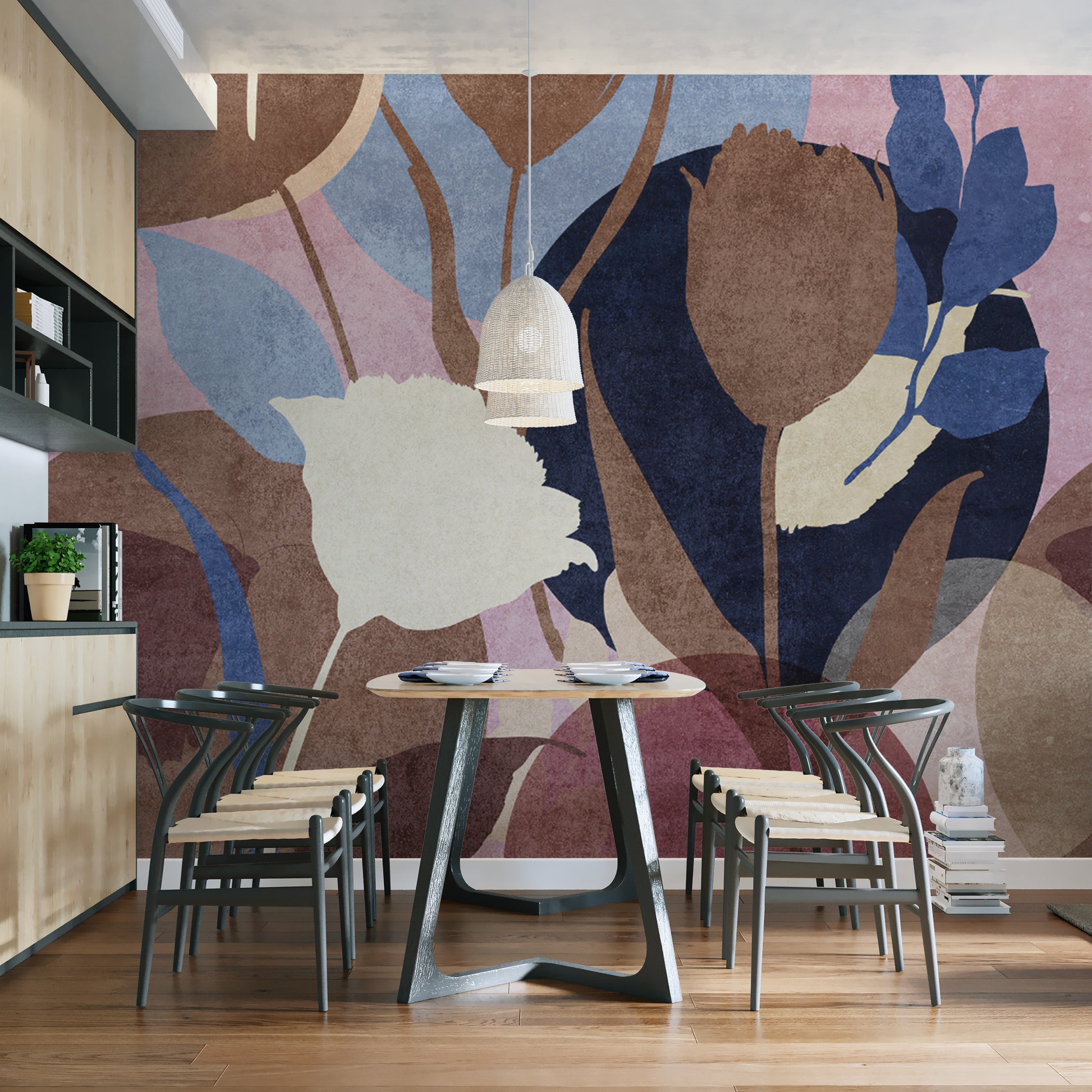 Earth tone floral wall covering with texture
