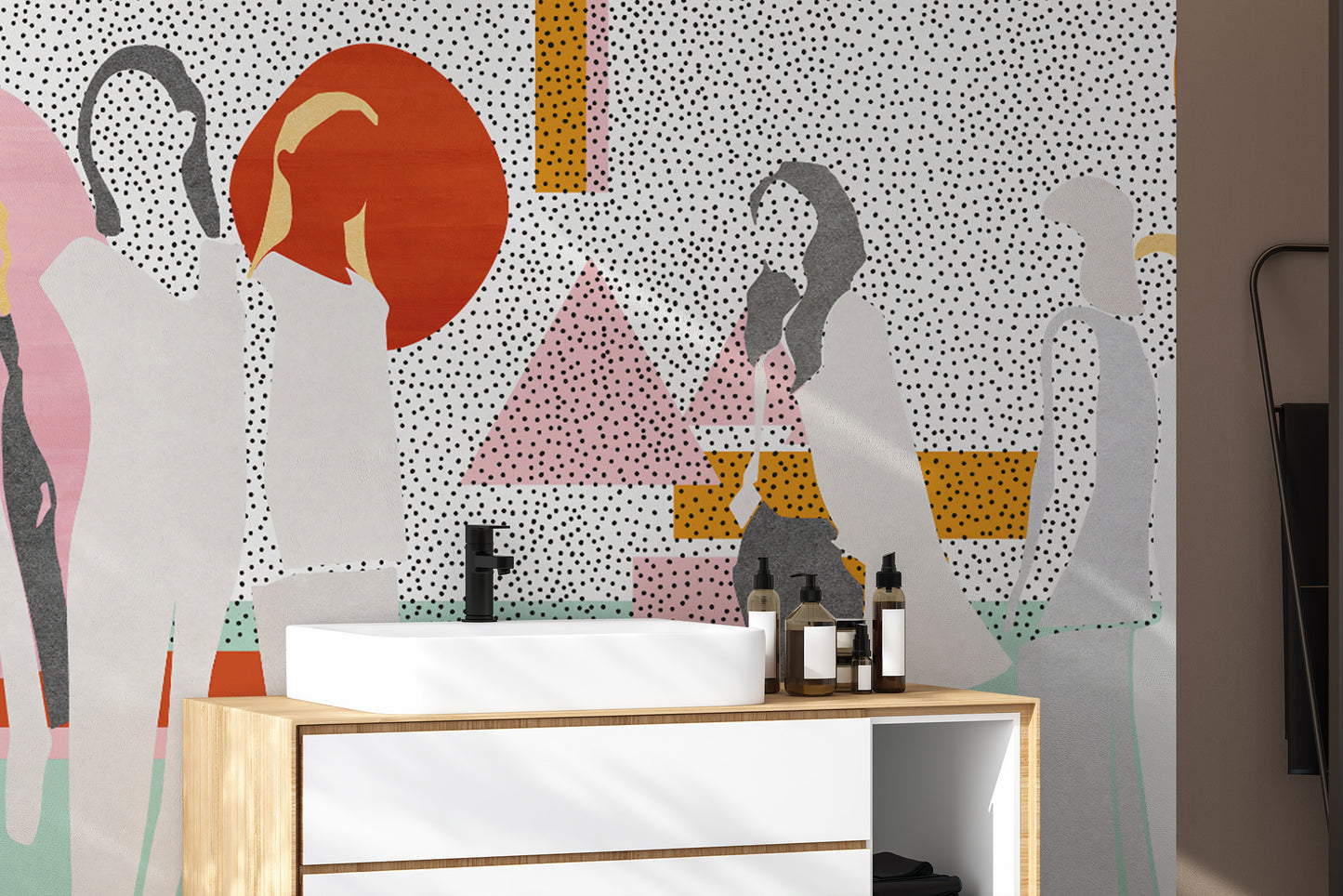 Vibrant retro style wall covering with figures
