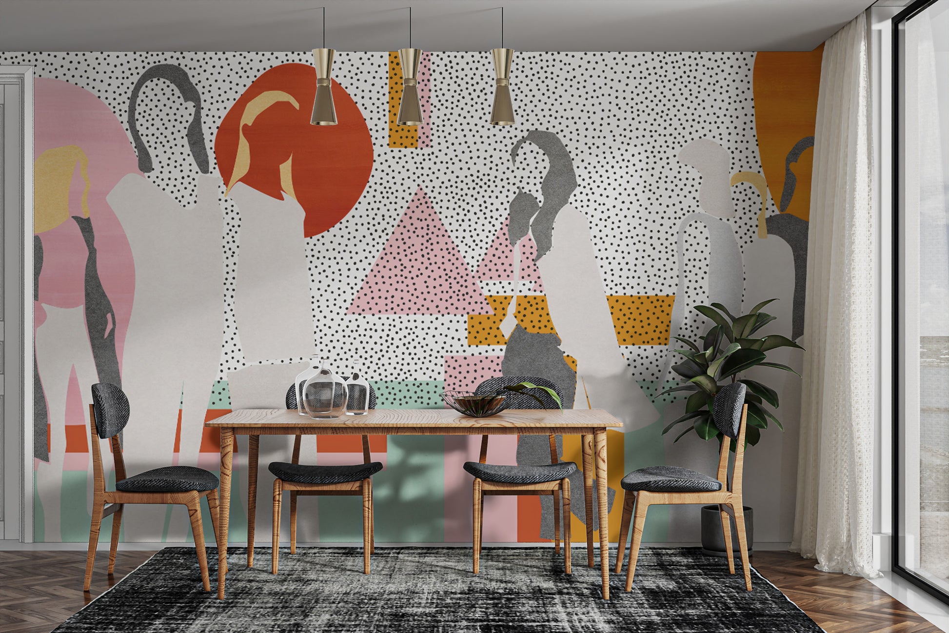 Funky color block wall mural with silhouettes
