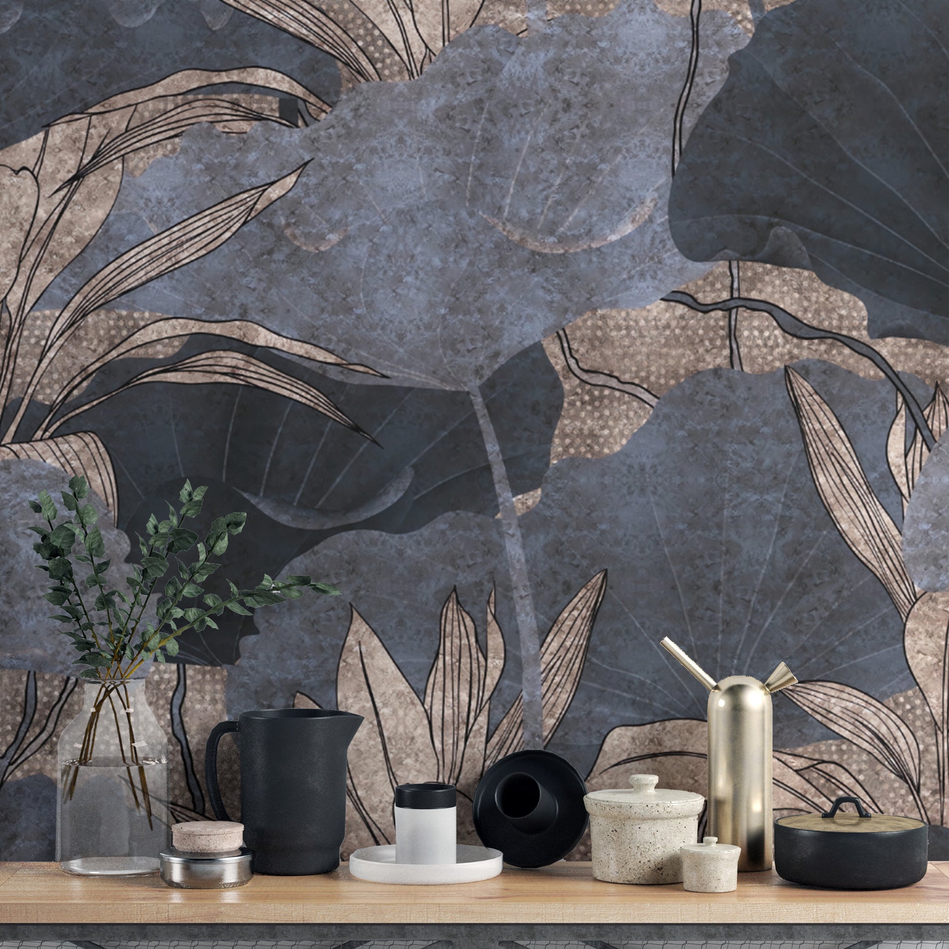 Grey leaf wallpaper with oversized nature pattern




