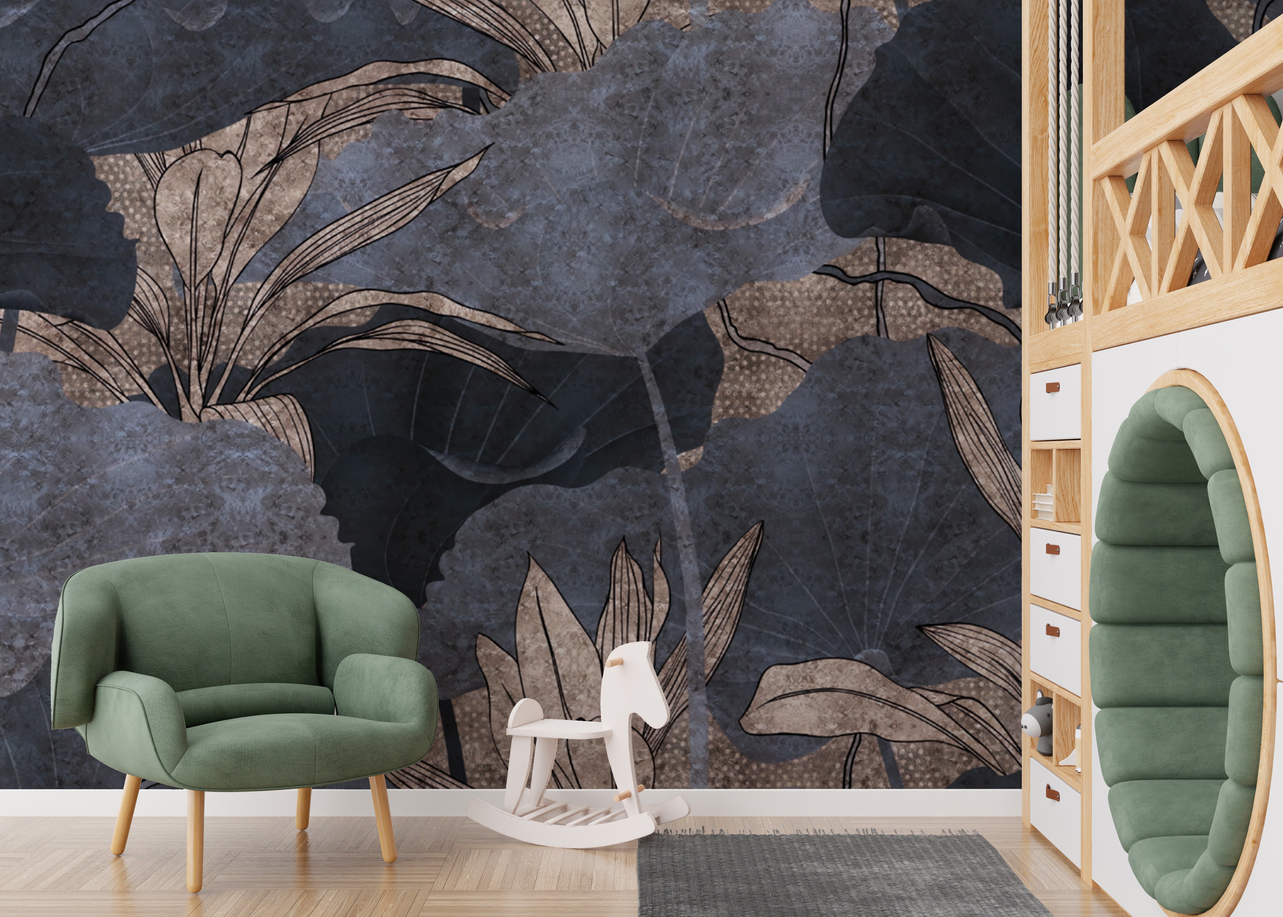 Textured dark leaf wallpaper with metallic finish
