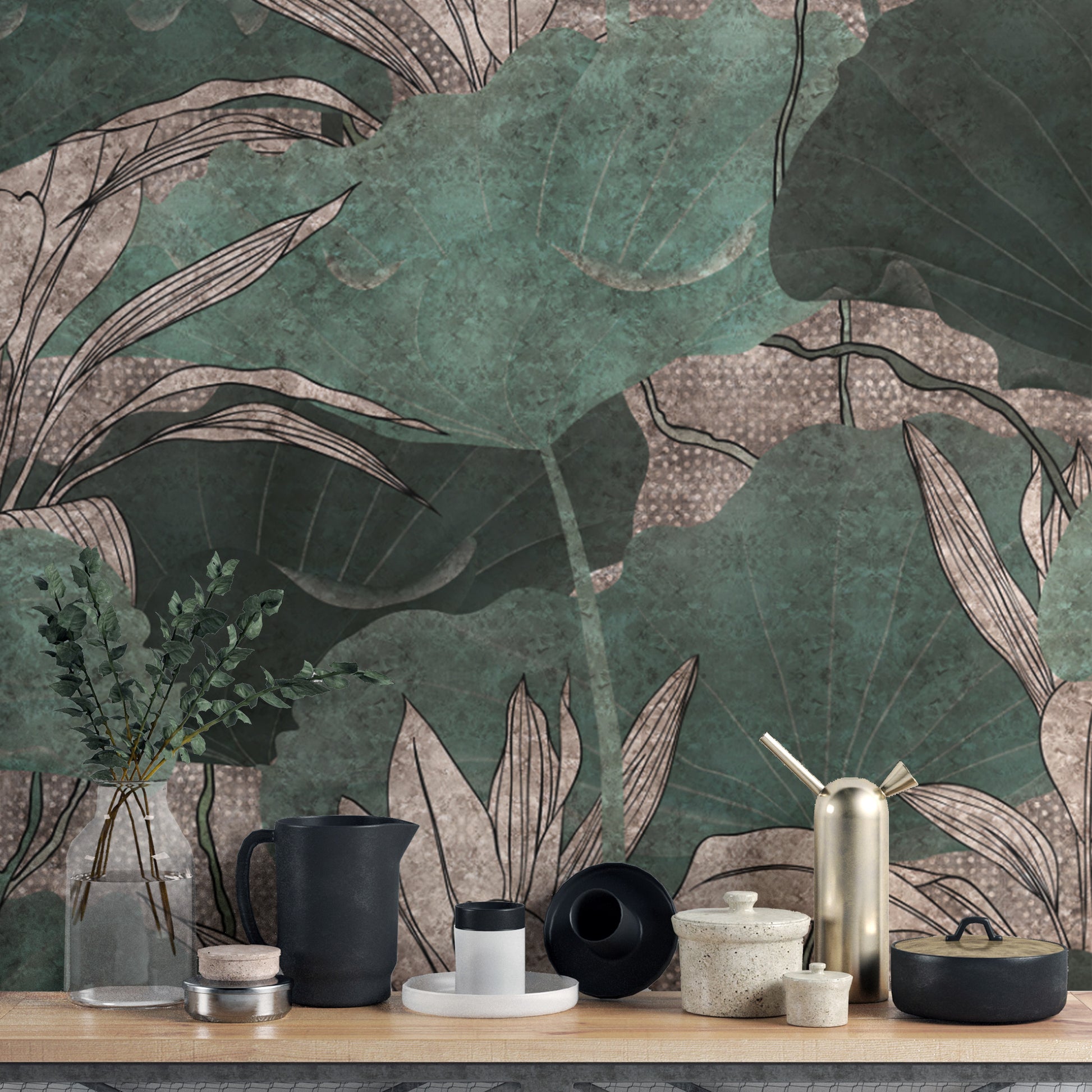 Elegant dark green leaf wallpaper for interiors
