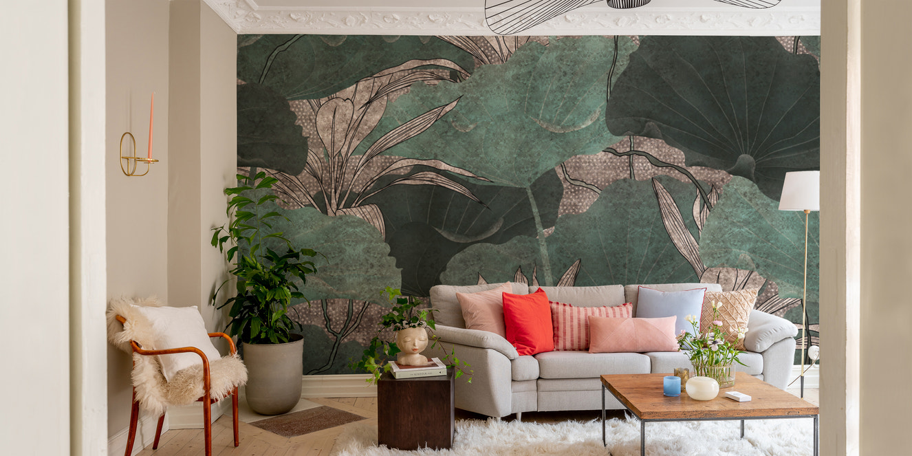 Botanical green leaf wallpaper mural design
