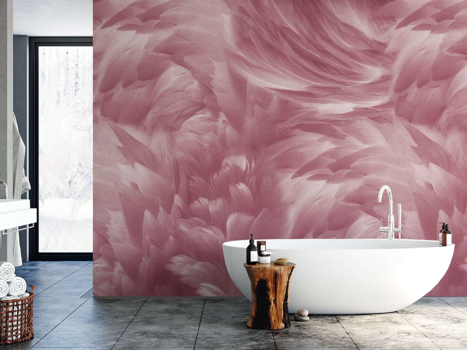 Flowing feather design in soft pink hues
