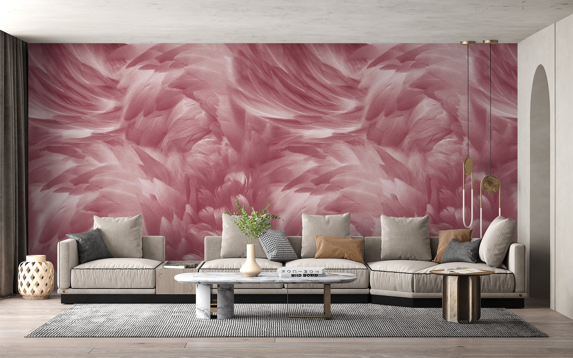 Blush pink feather wallpaper mural design
