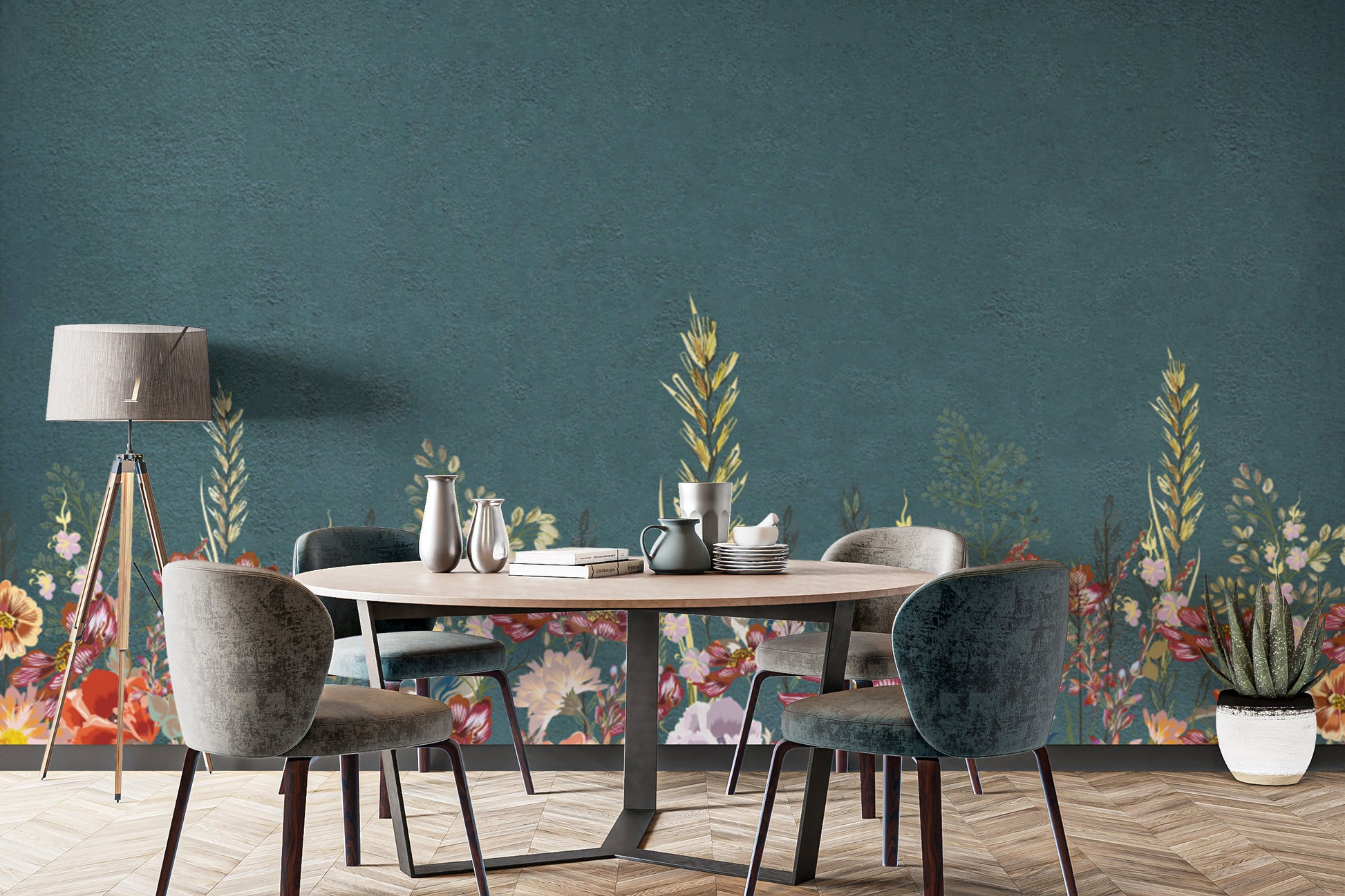 Teal botanical wildflower wallpaper mural design
