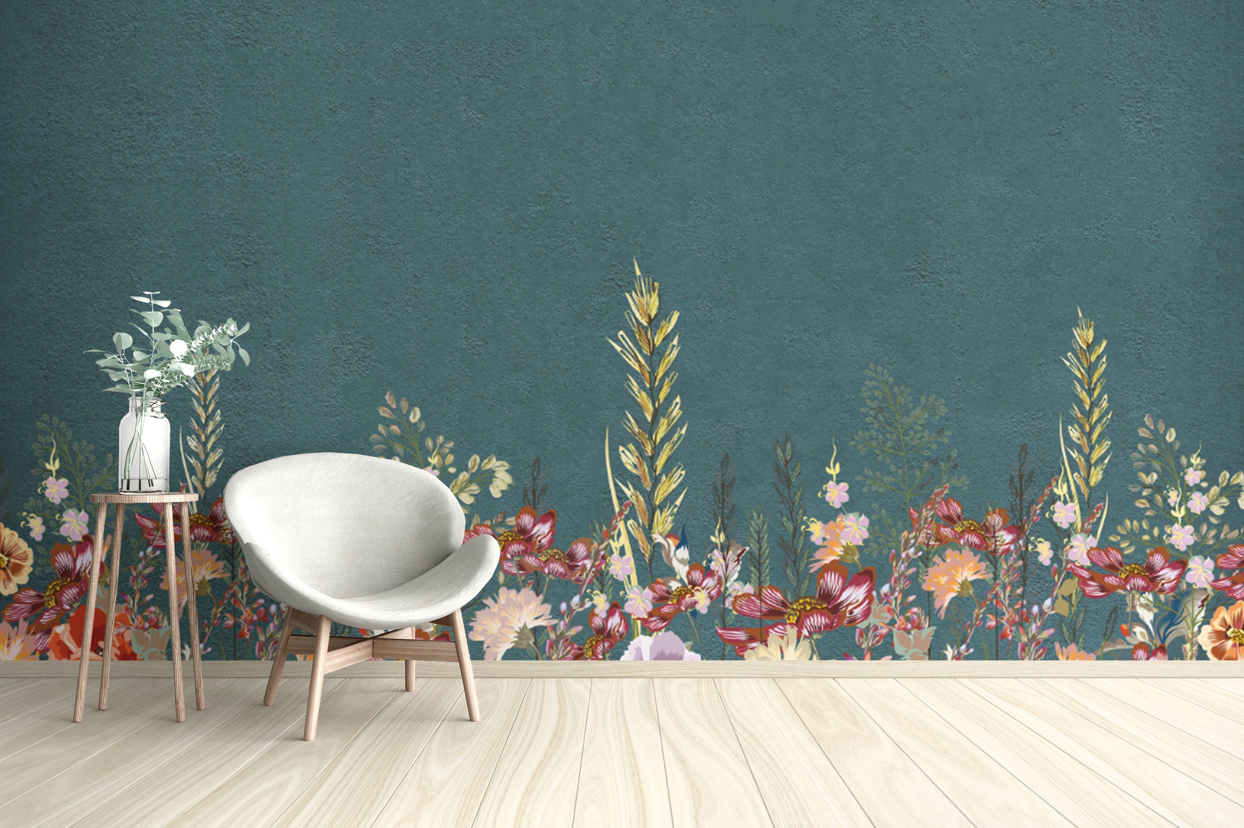 Nature-inspired teal wildflower wallpaper mural
