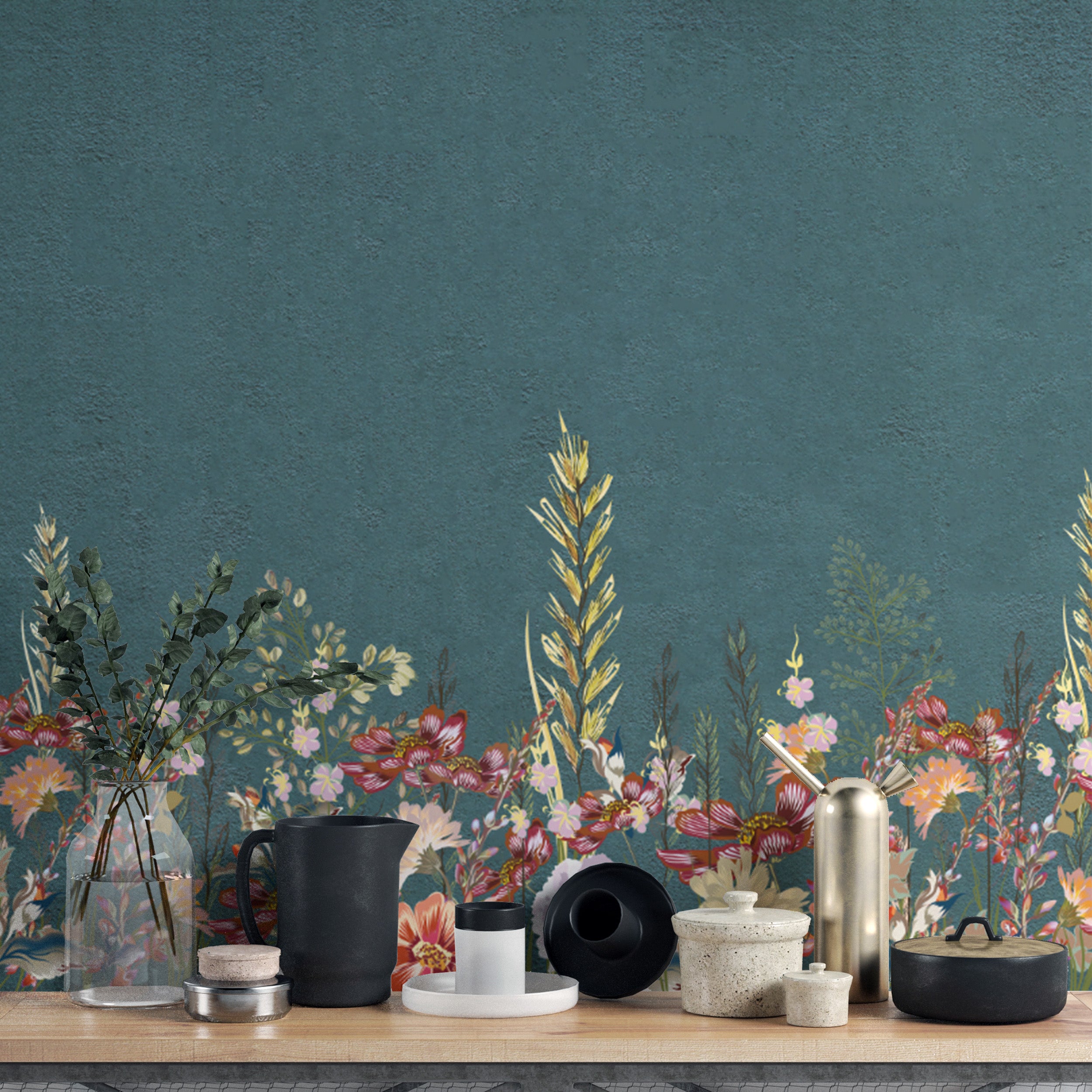 Modern teal wallpaper with wildflower patterns
