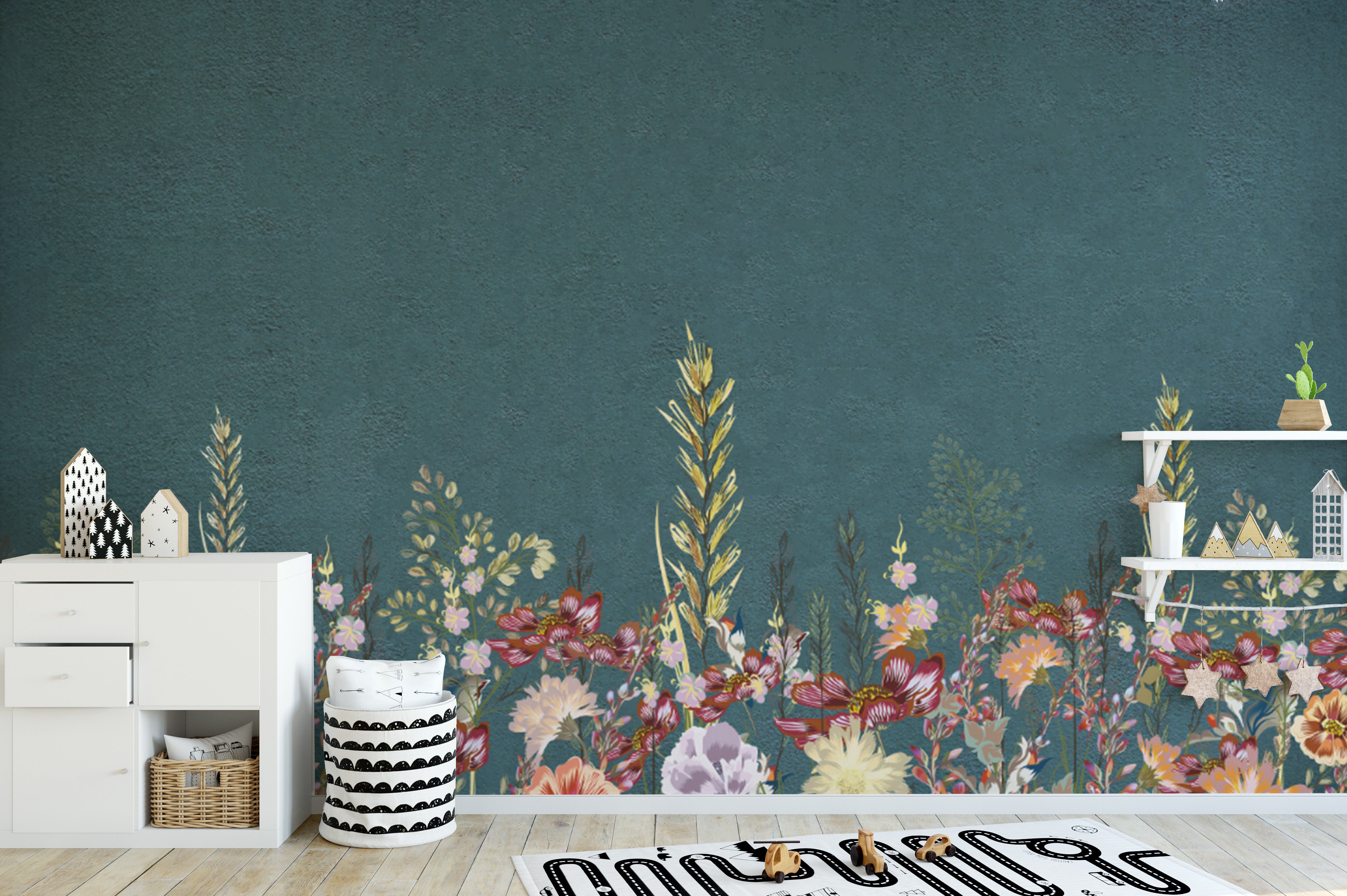 Bold floral wallpaper on textured teal backdrop
