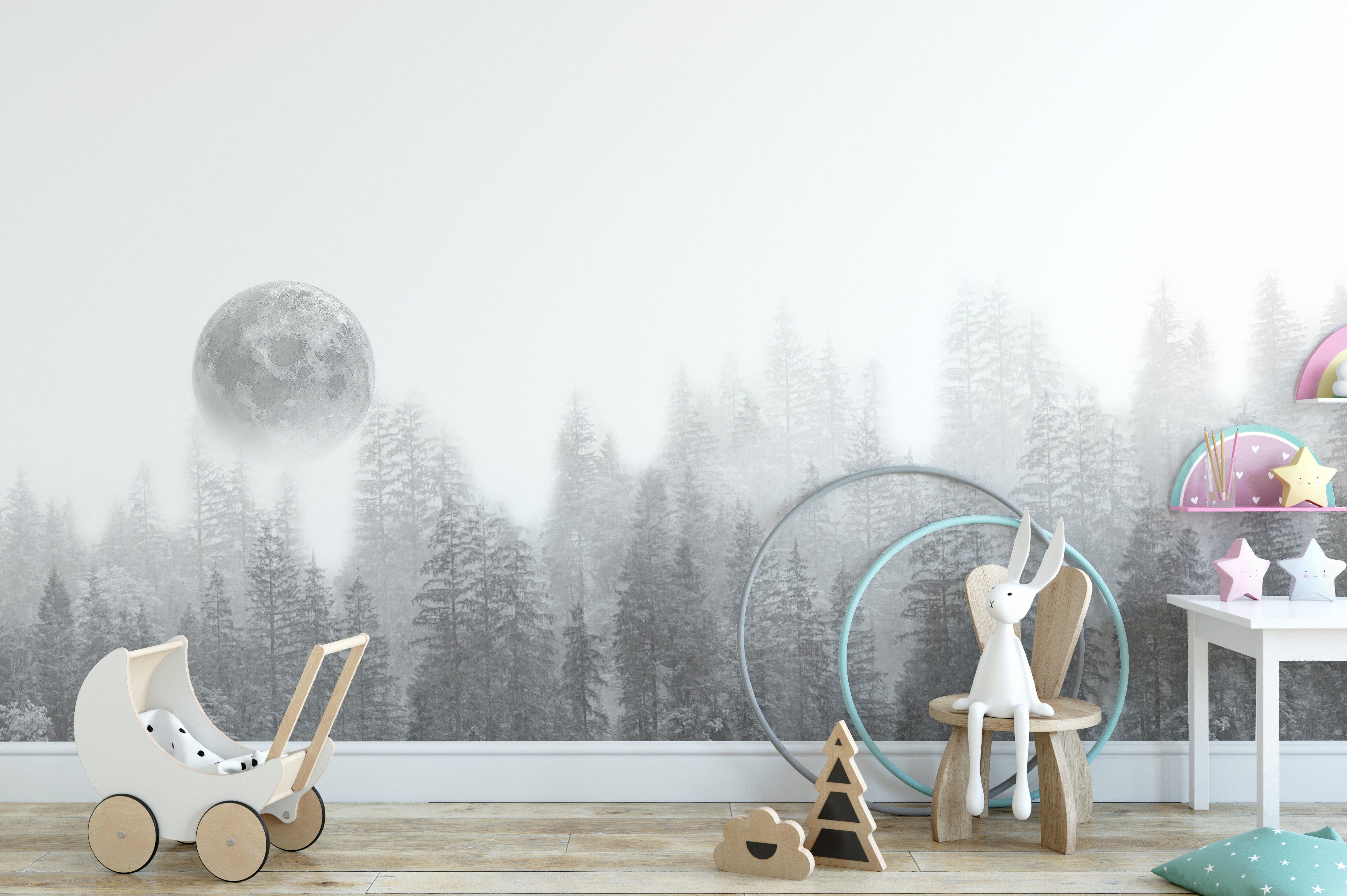 Foggy forest wall covering with full moon
