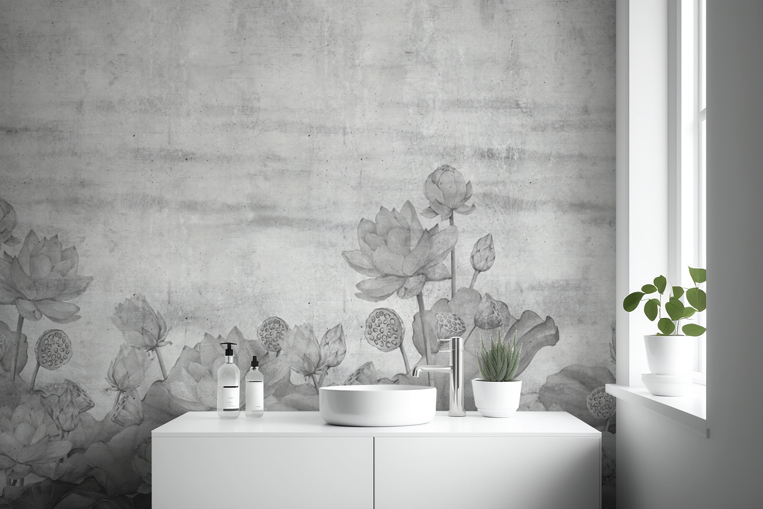 Elegant lotus blossom wallpaper in grayscale
