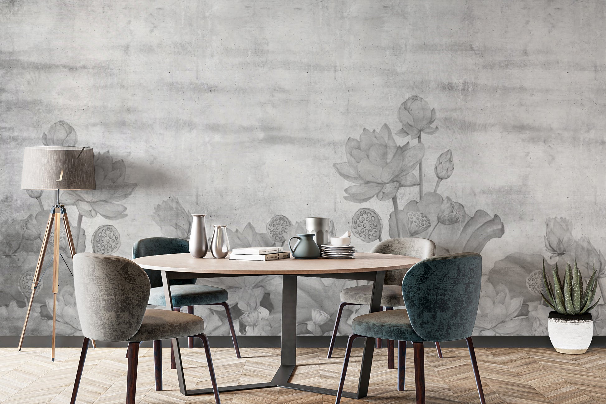 Textured grayscale lotus flower wall mural
