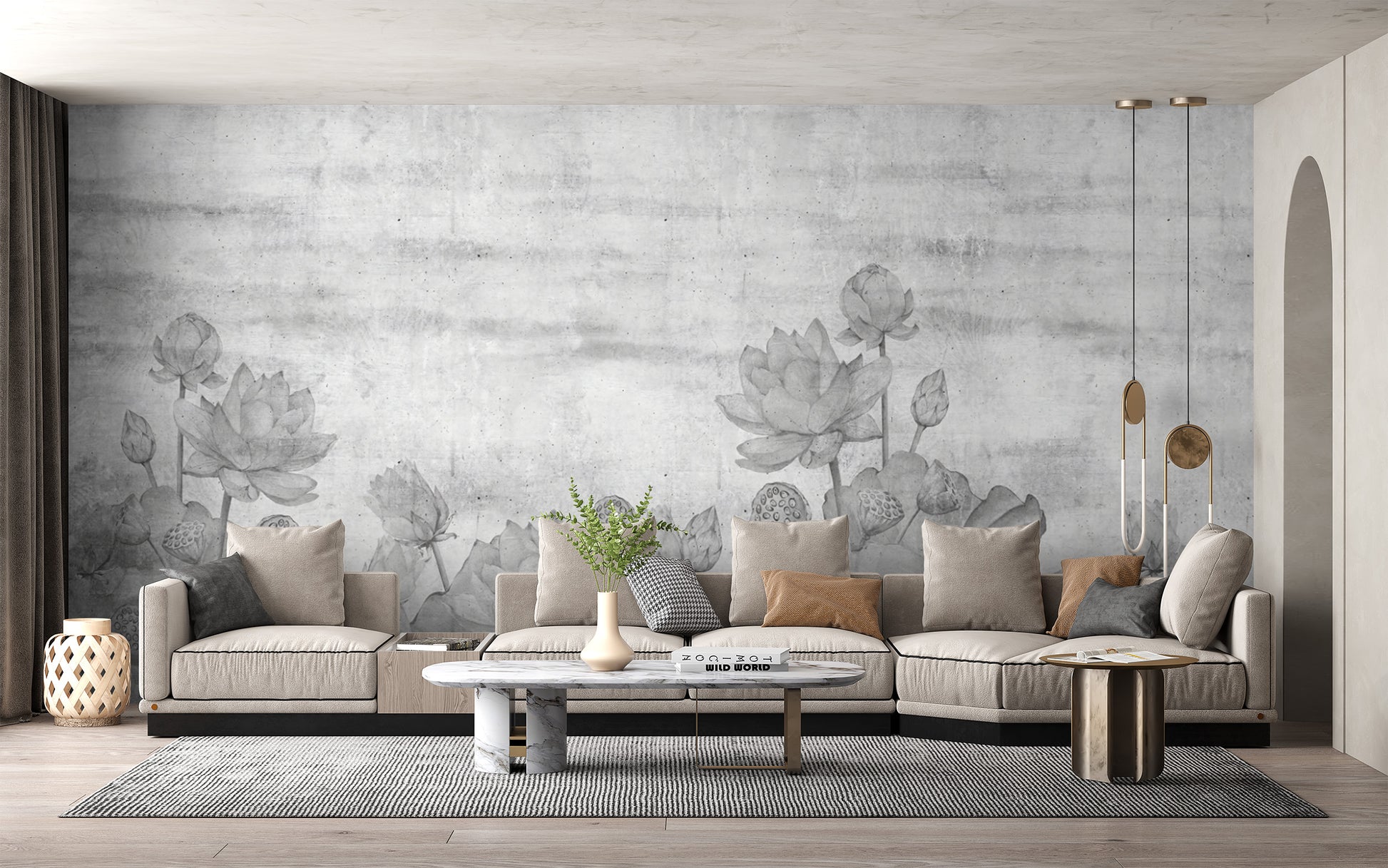 Monochrome lotus blossoms wall covering
