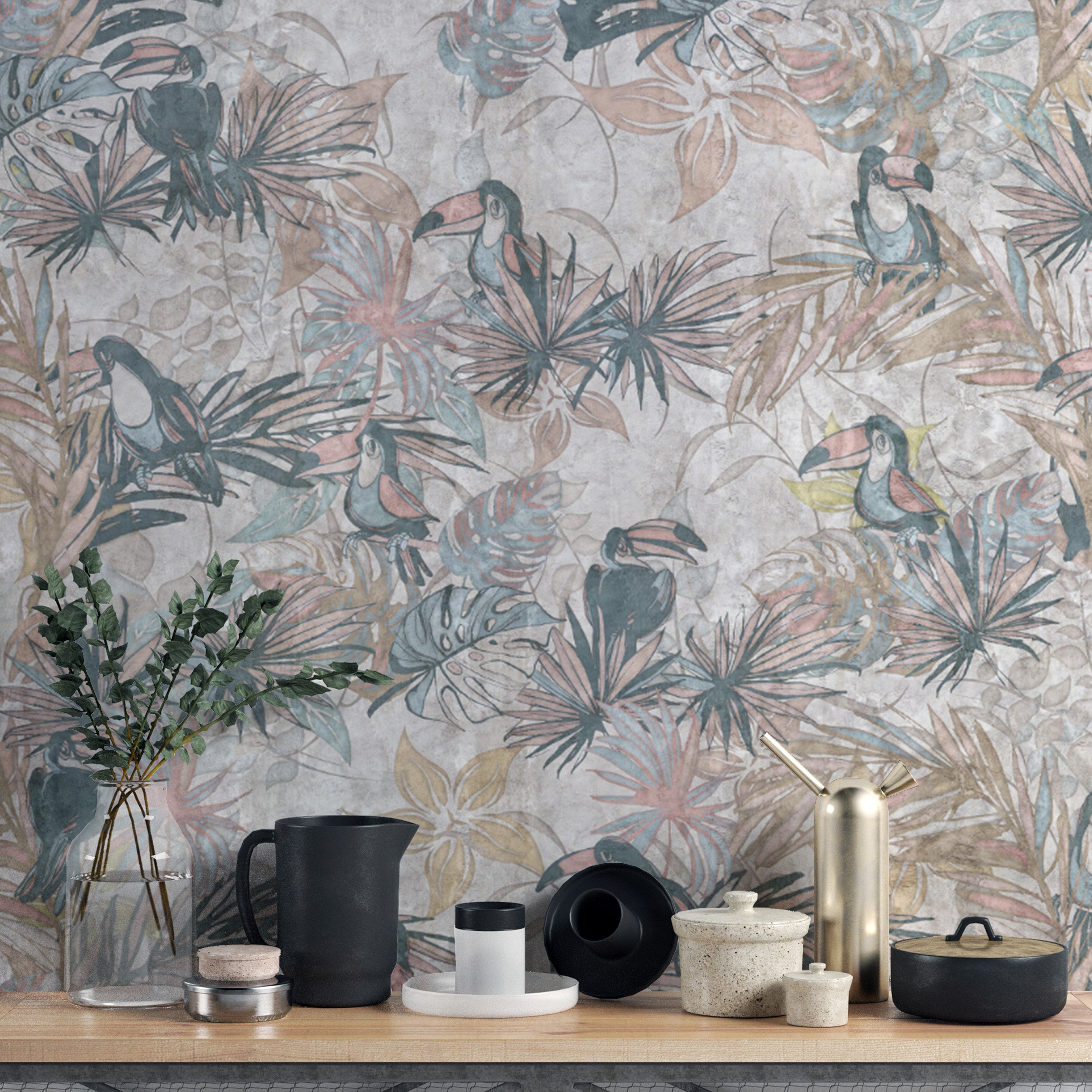 Muted color toucan mural with botanical patterns
