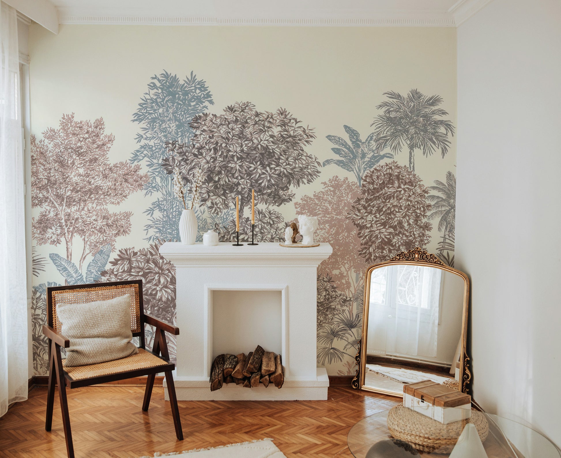 Muted botanical wall mural with tropical trees
