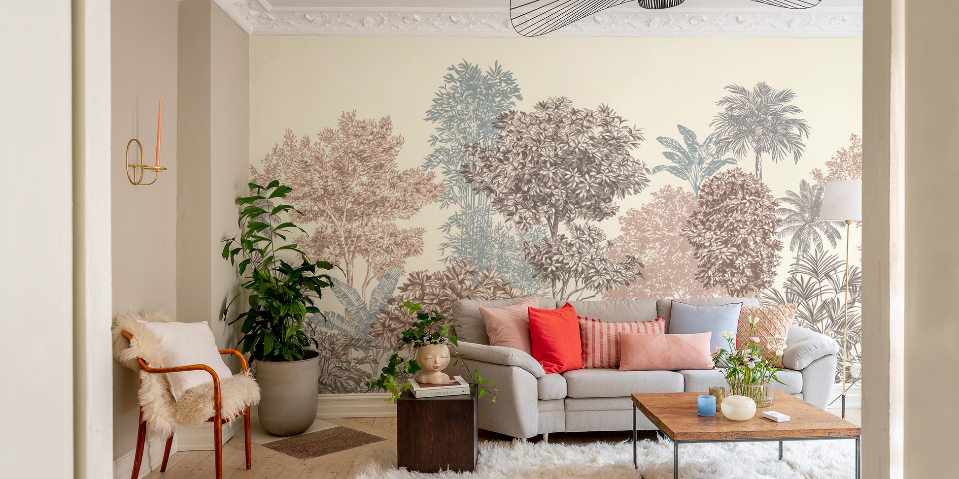 Hand-drawn tropical forest wallpaper on cream
