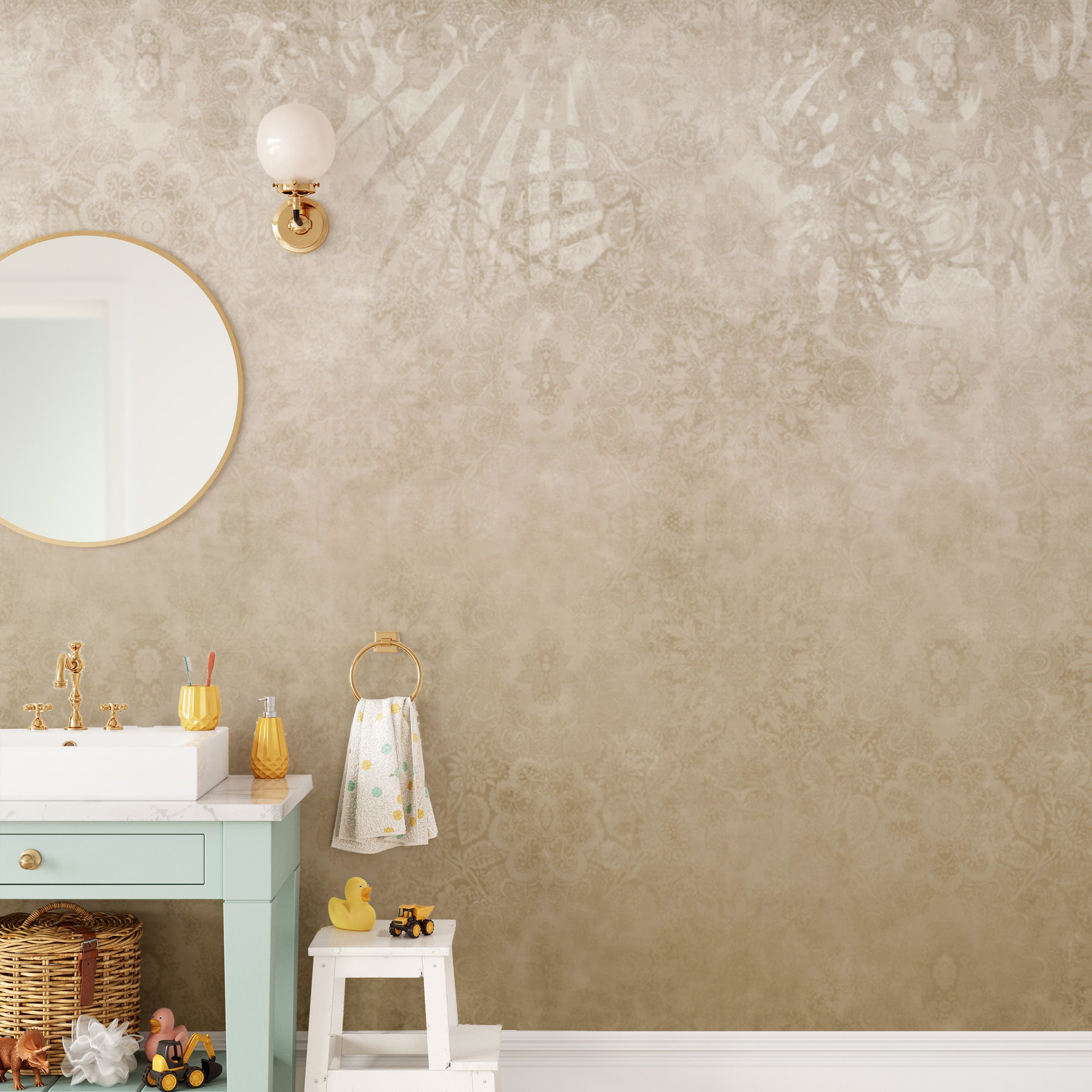 Ornate gold damask wallpaper with classic flair
