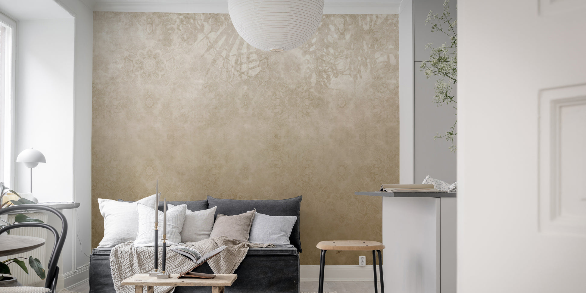 Classic floral damask wallpaper with metallic sheen
