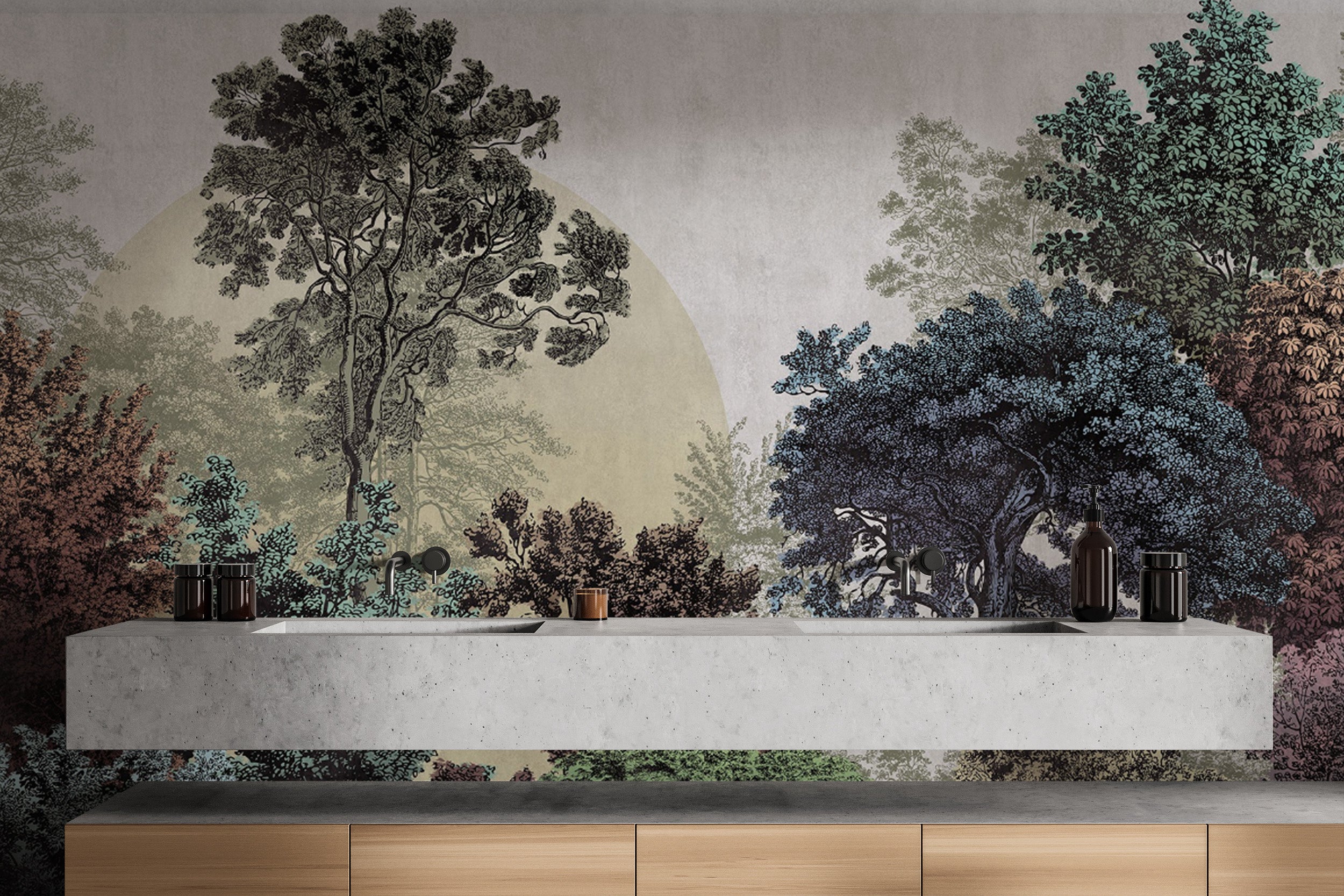 Illustrated tree wallpaper with a neutral background
