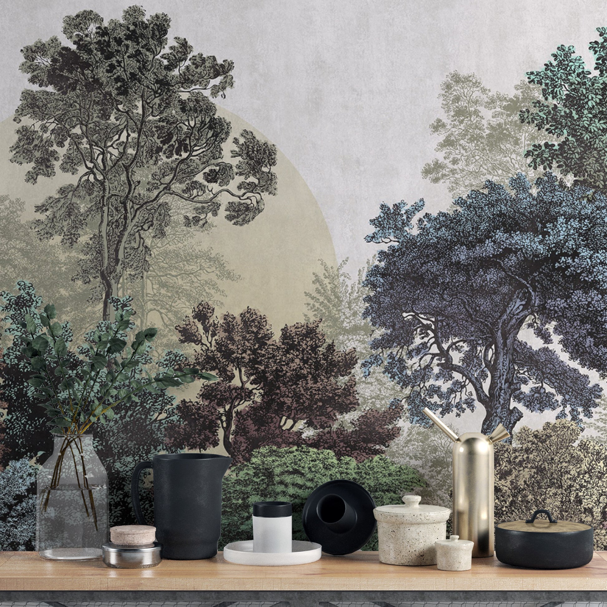 Scenic woodland wallpaper in bold, rich colors
