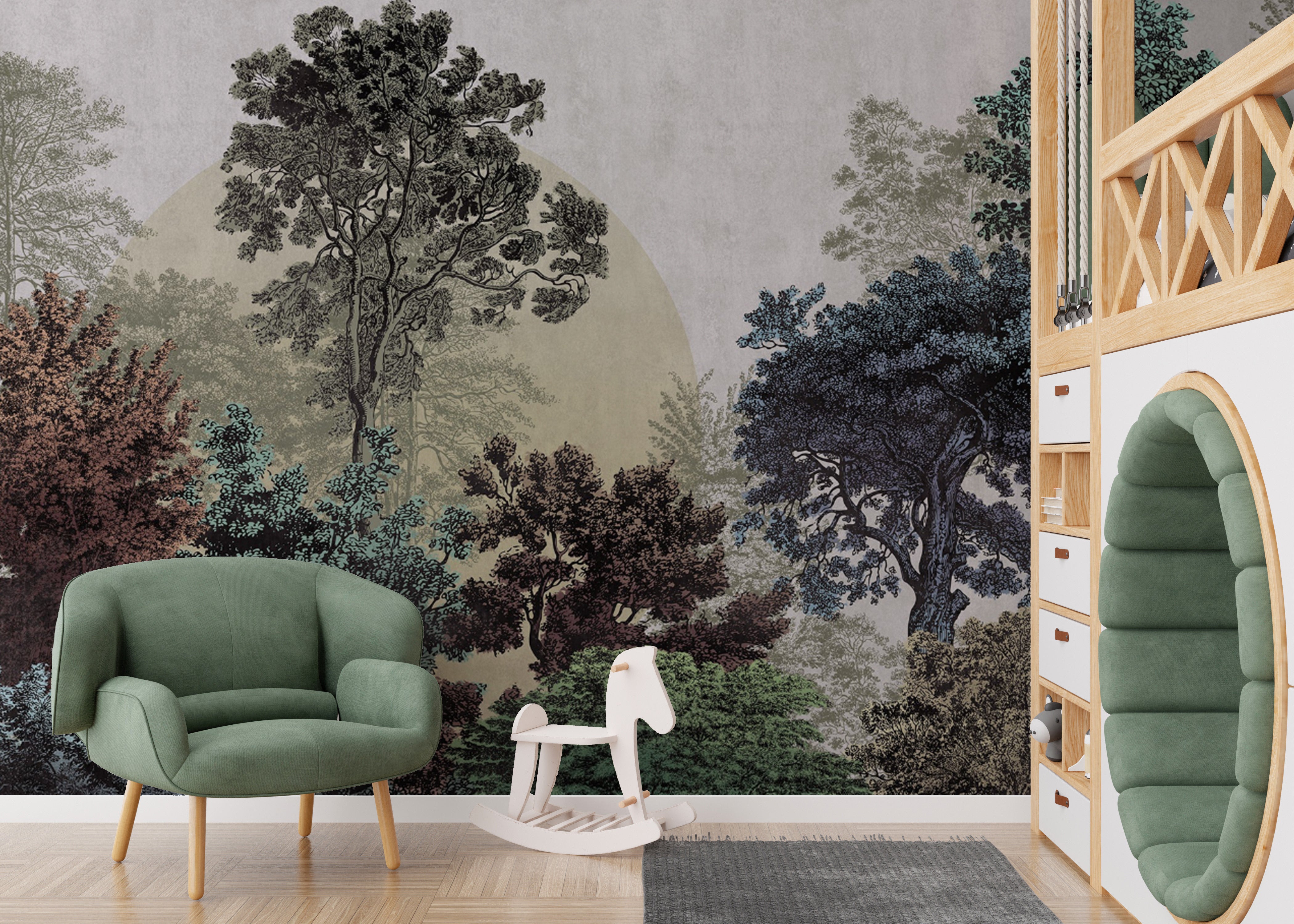 Nature-inspired forest wallpaper with multicolor trees
