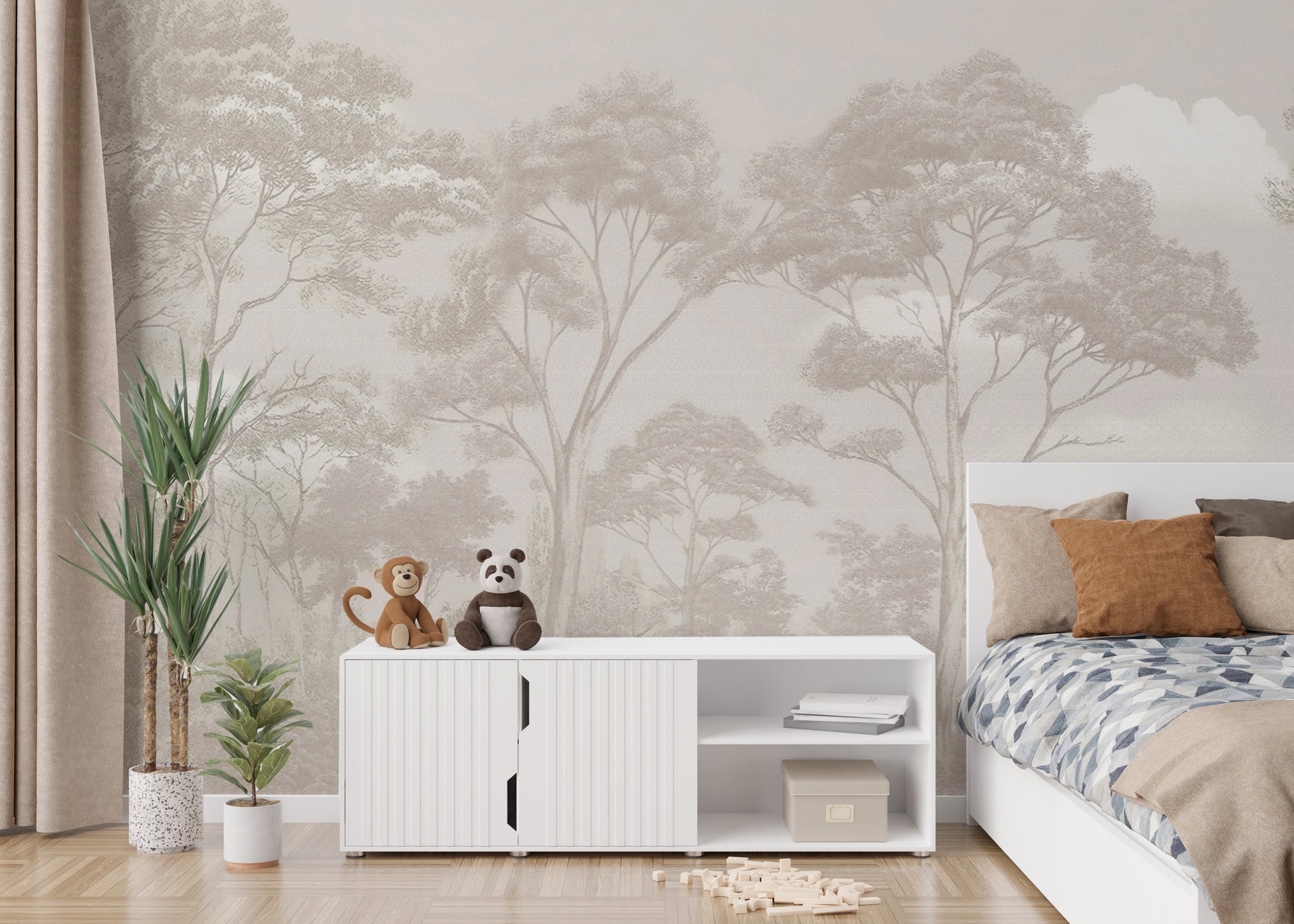 Nature-inspired forest wallpaper in neutral tones
