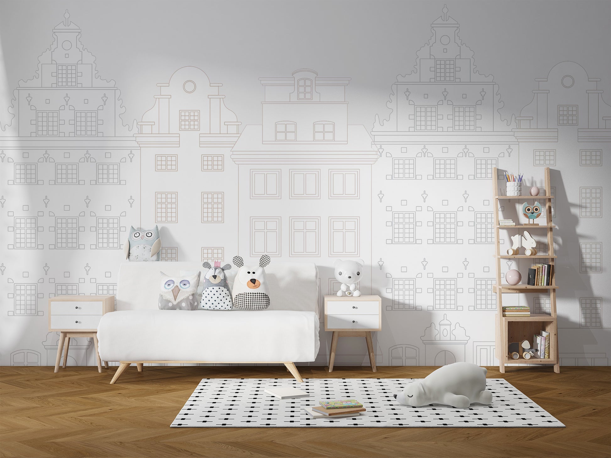 Architectural blueprint wallpaper with vintage charm.
