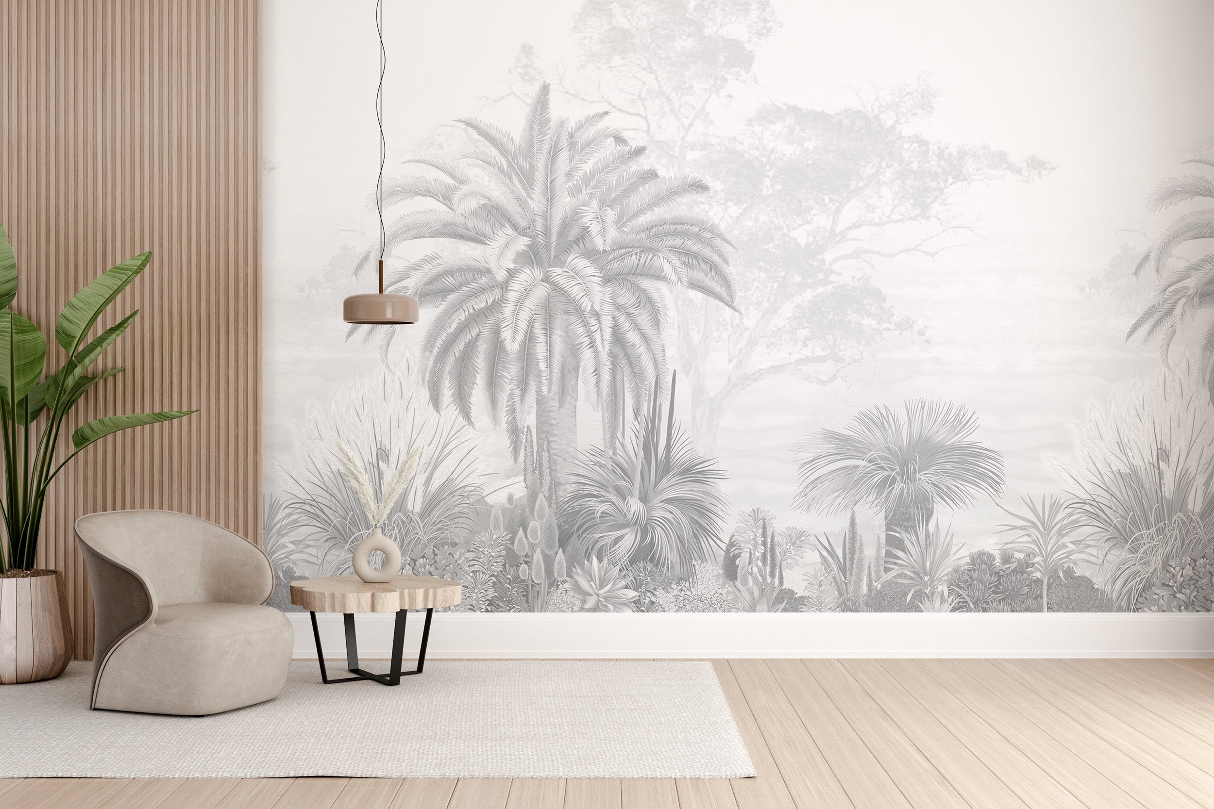 Monochrome tropical wallpaper with exotic plants
