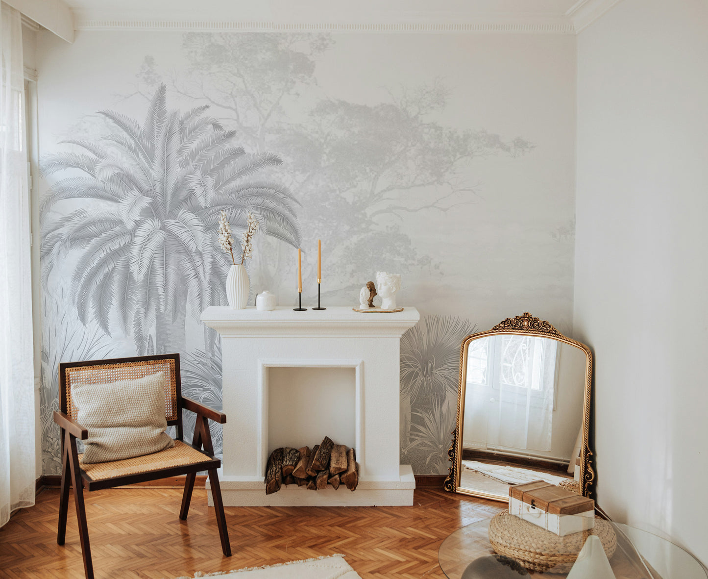 Tropical palm leaves wallpaper in neutral tones
