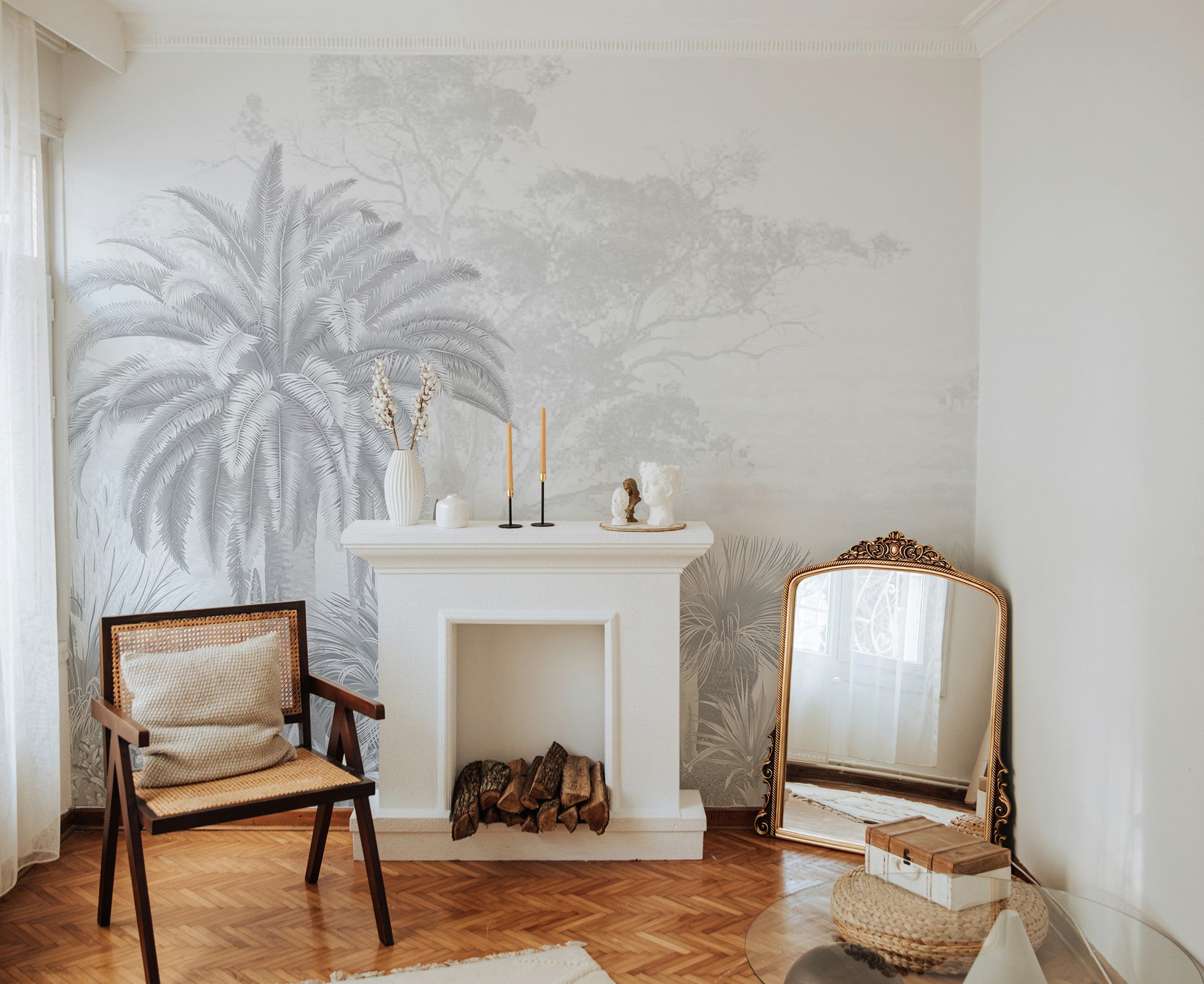 Tropical palm leaves wallpaper in neutral tones
