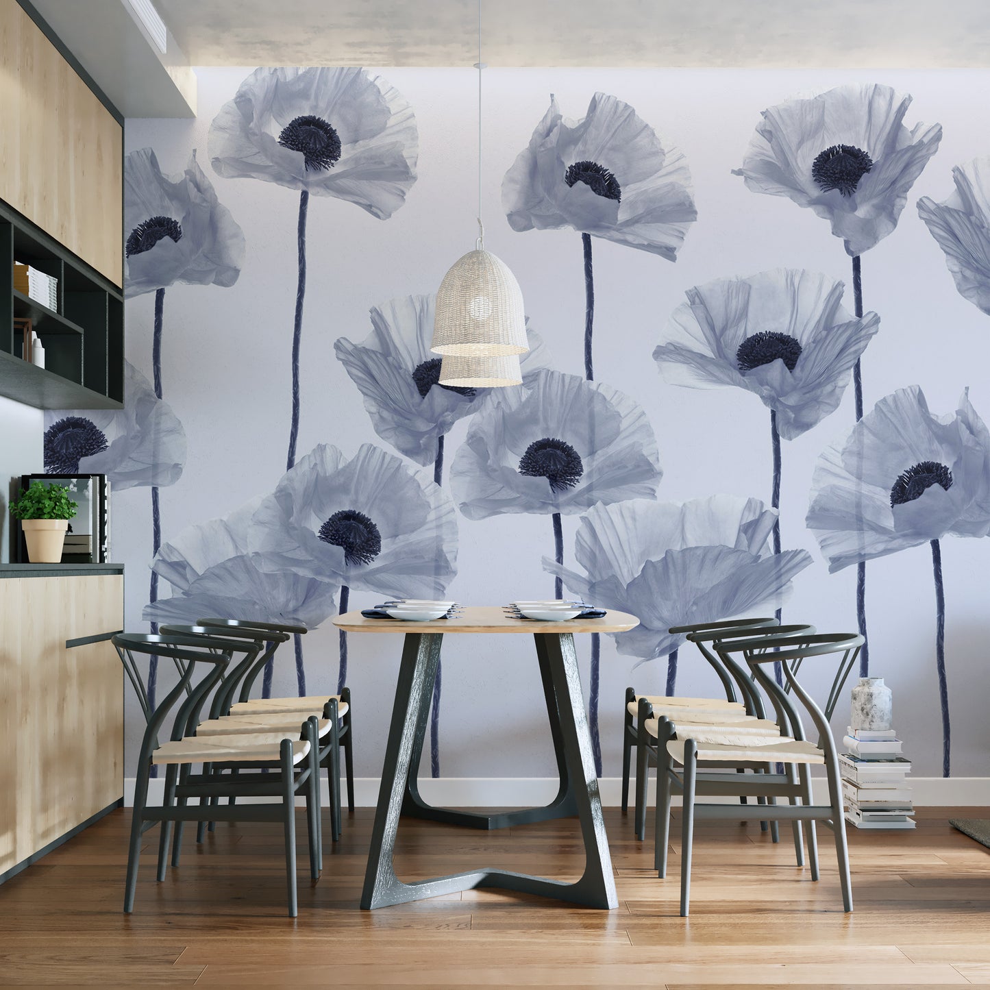 Elegant blue poppy wall covering
