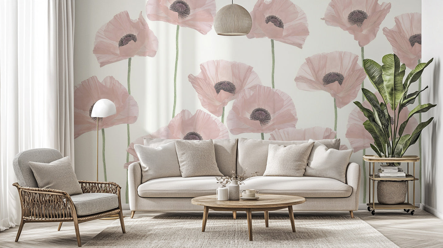 Blush pink poppy floral wallpaper design
