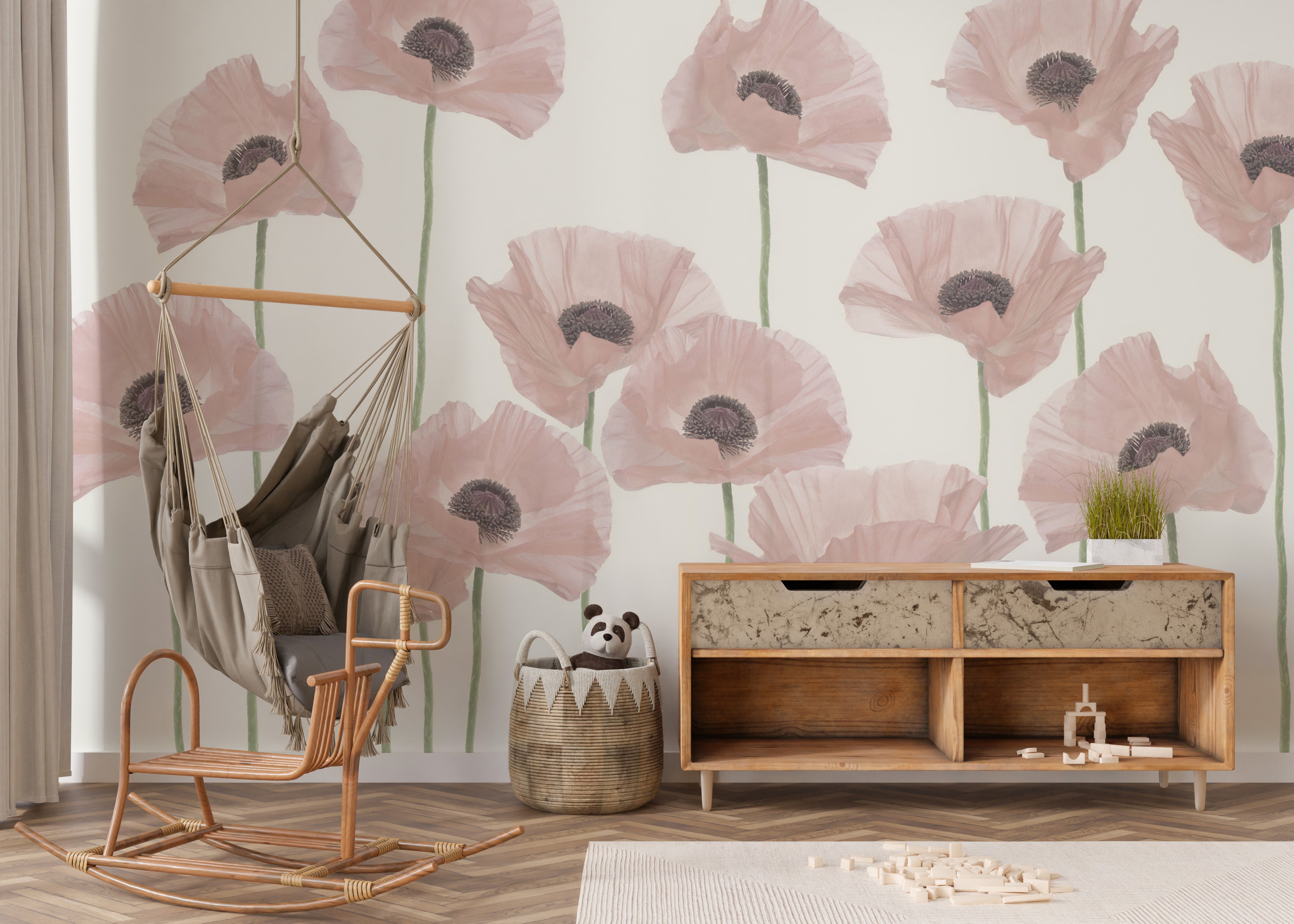 Elegant pastel poppy flower wall covering
