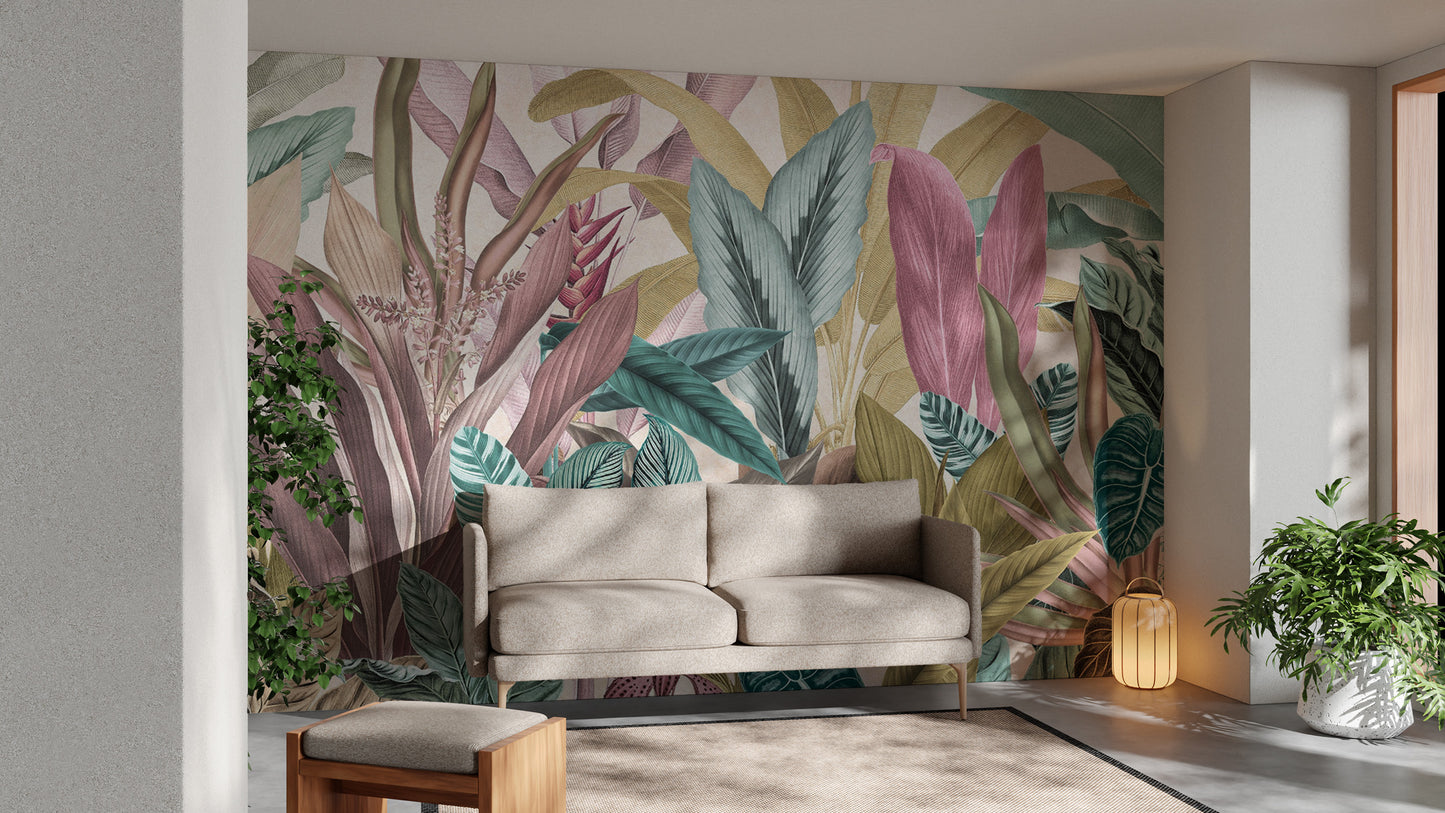 Bold botanical wall mural with leaves
