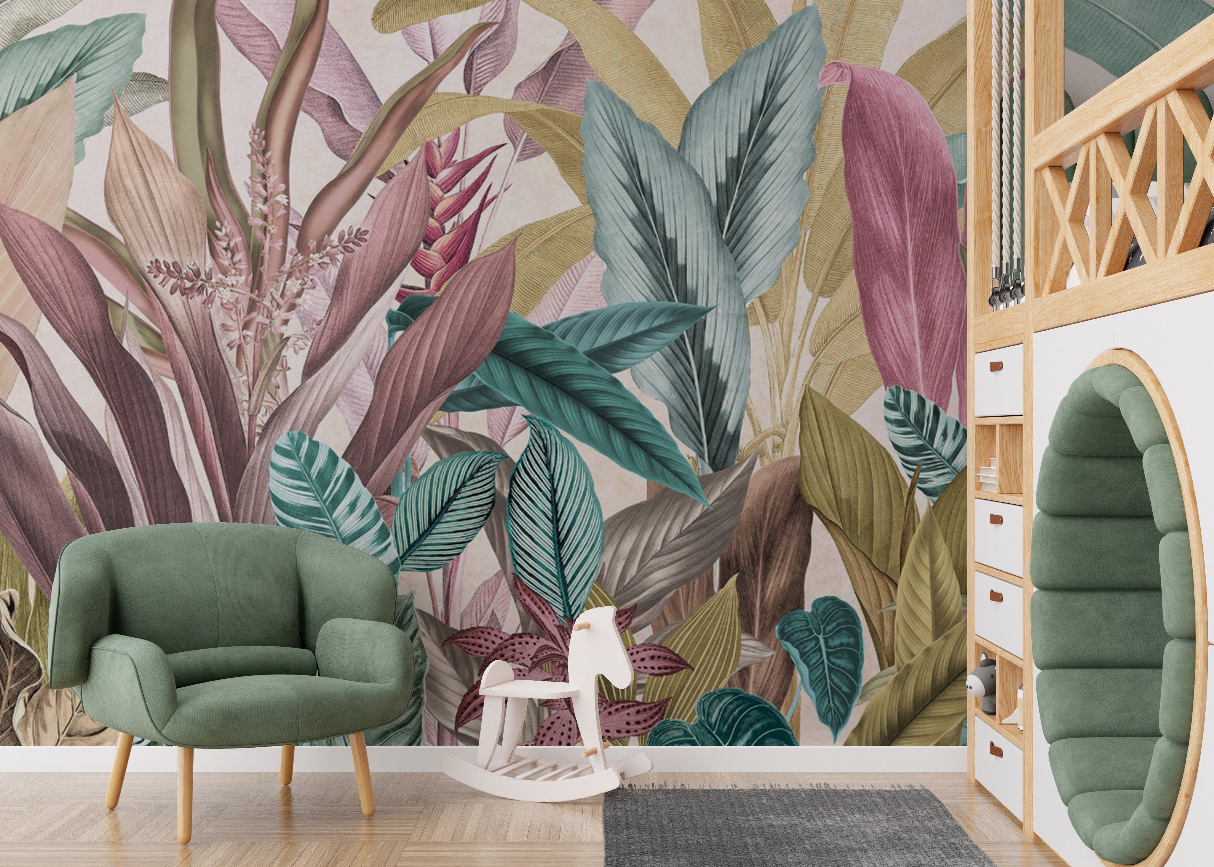 Hand-drawn tropical leaf wall covering
