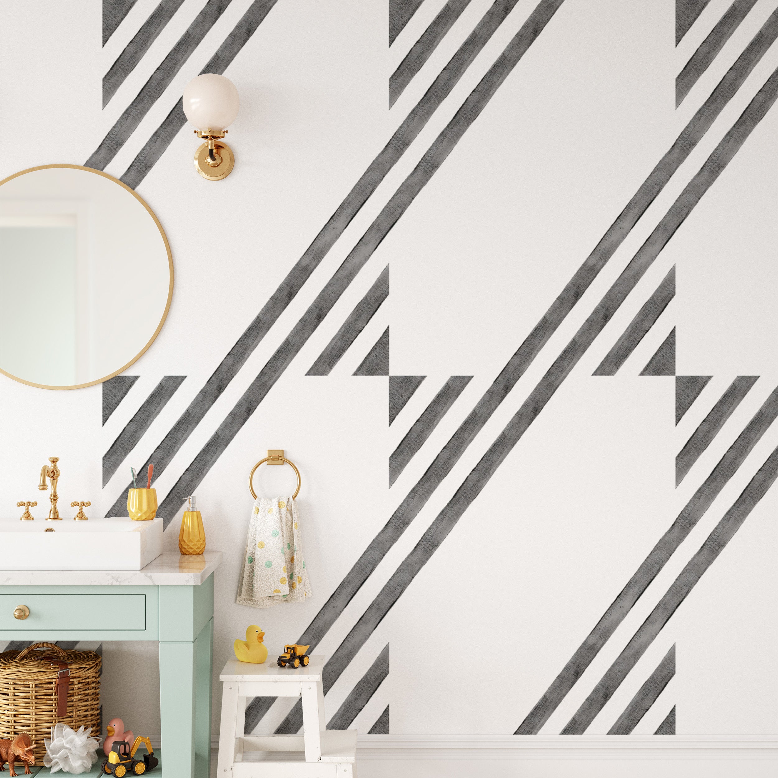 Black and white diagonal stripe wall covering
